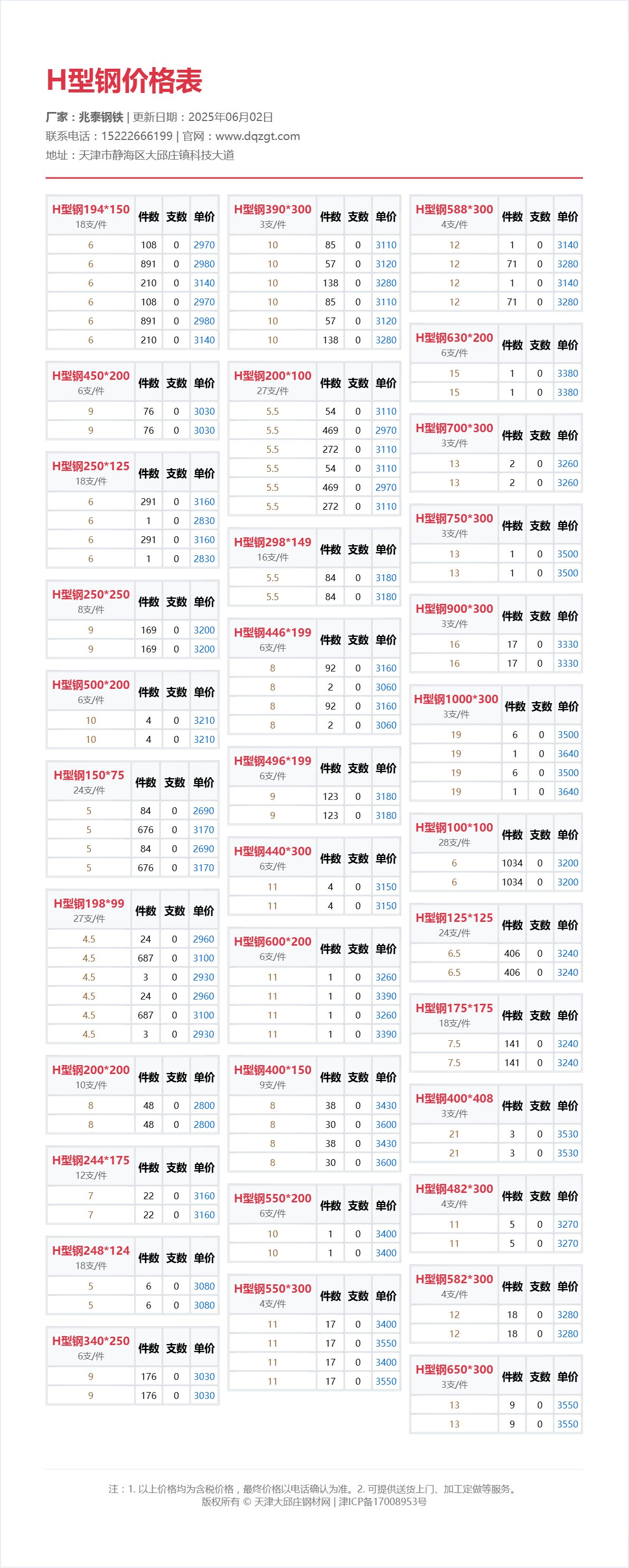 H型钢价格表