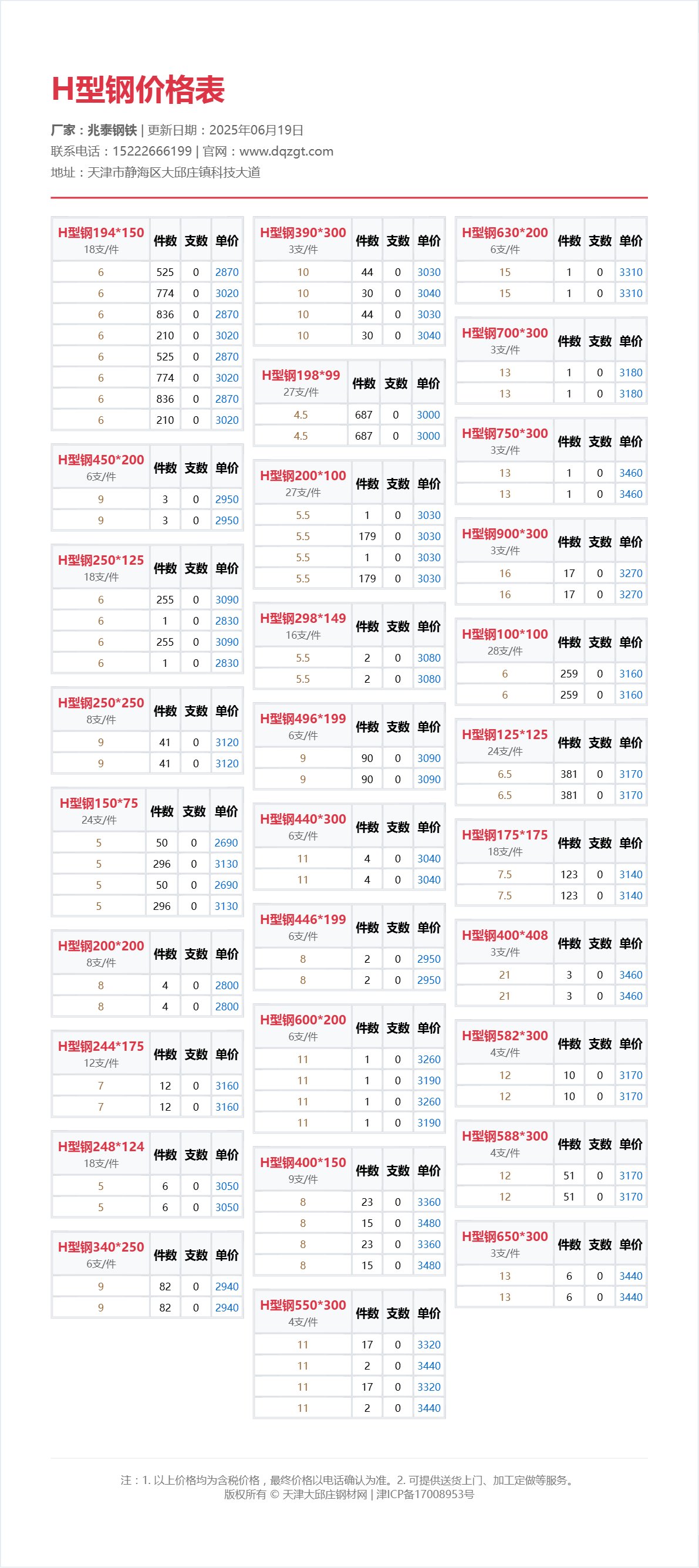 H型钢价格表