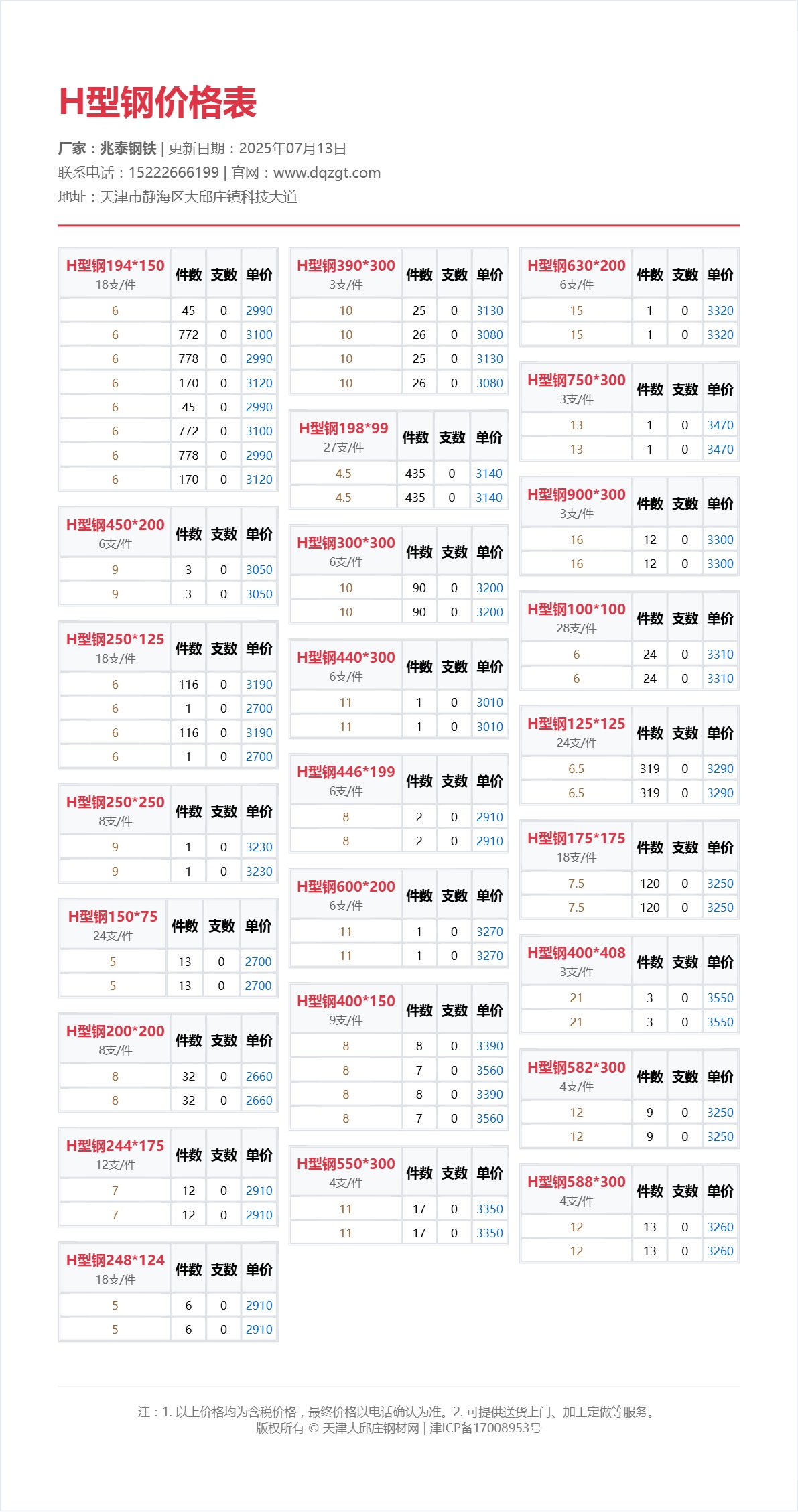 H型鋼價格表