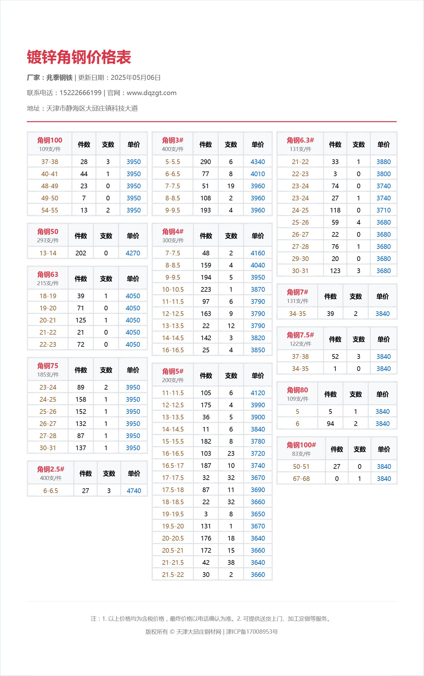 鍍鋅角鋼價格表