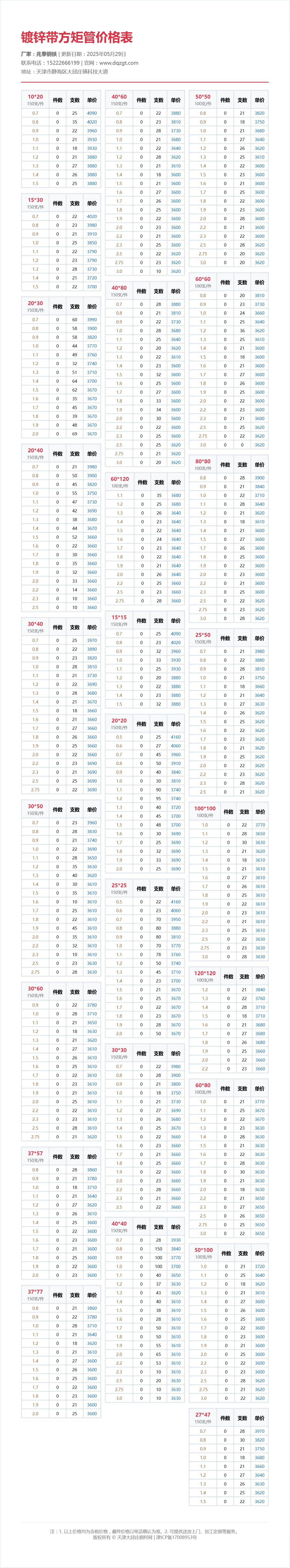 镀锌带方矩管价格表