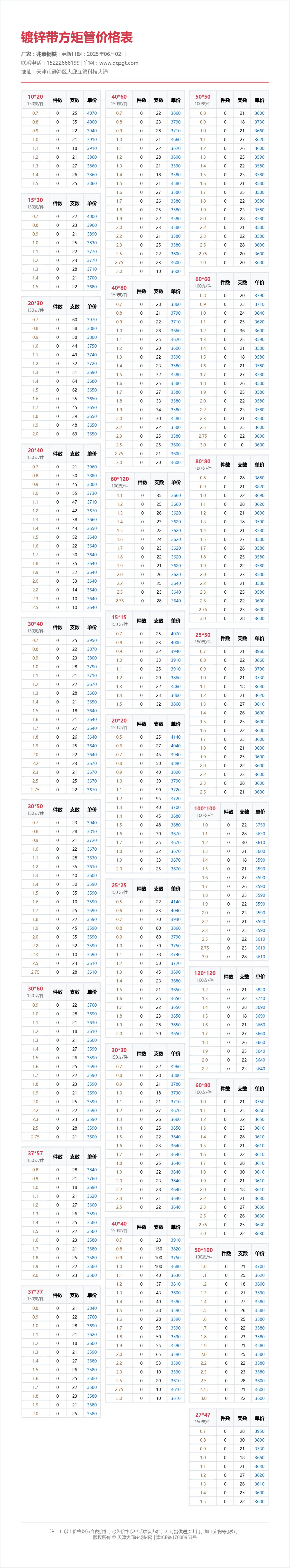 镀锌带方矩管价格表