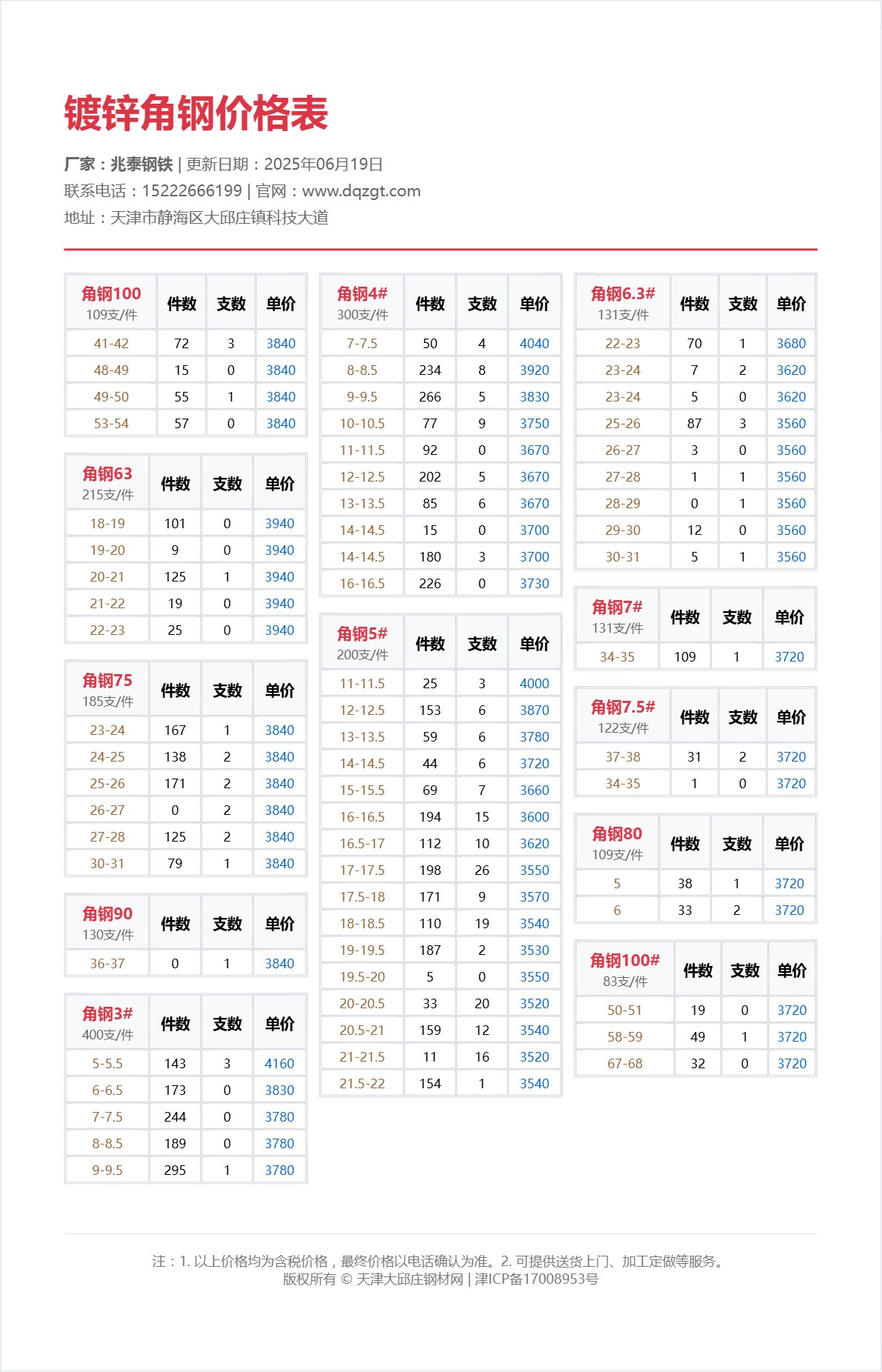 镀锌角钢价格表