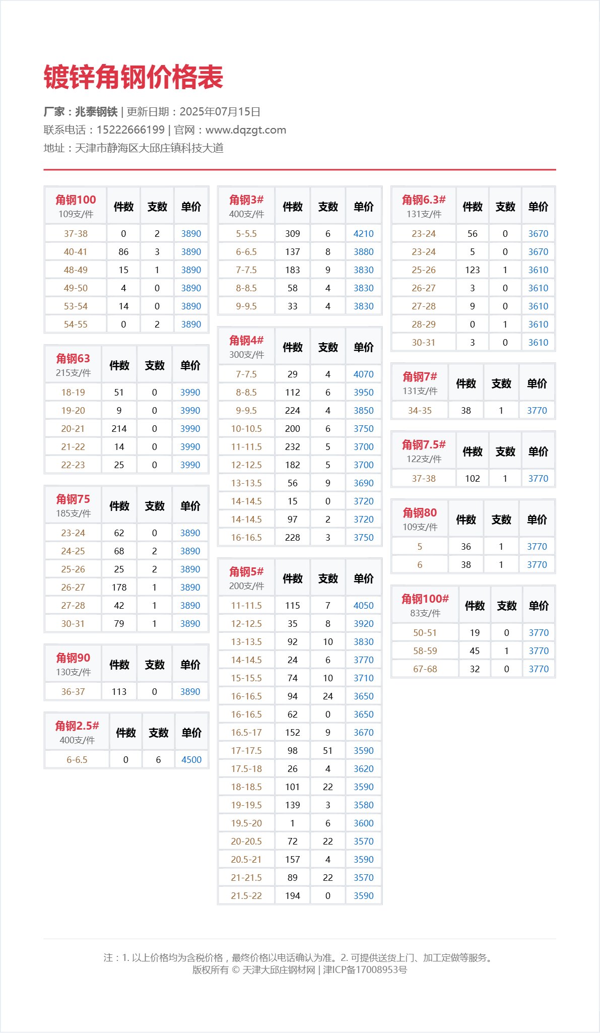镀锌角钢价格表