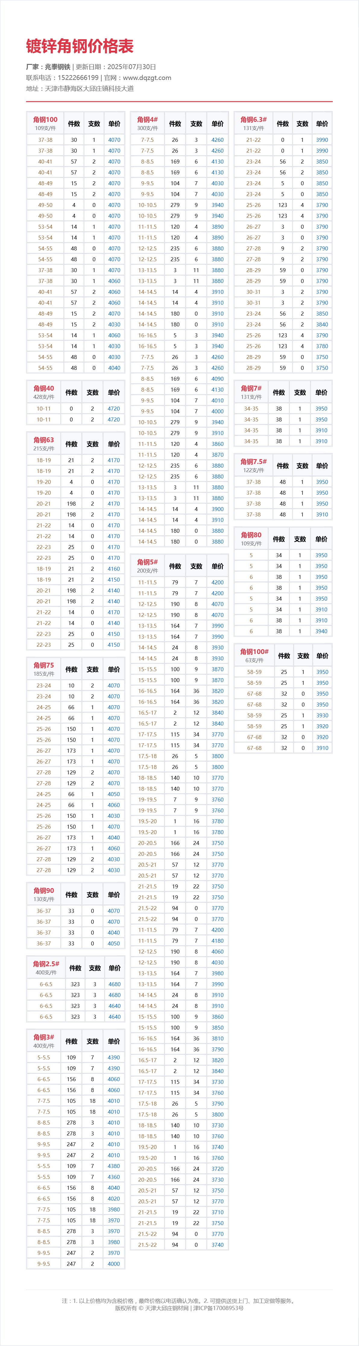 镀锌角钢价格表