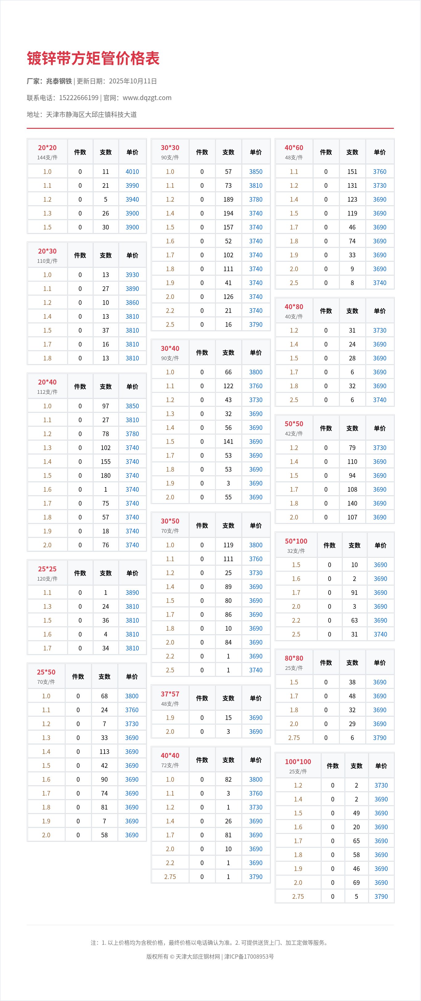 镀锌带方矩管价格表