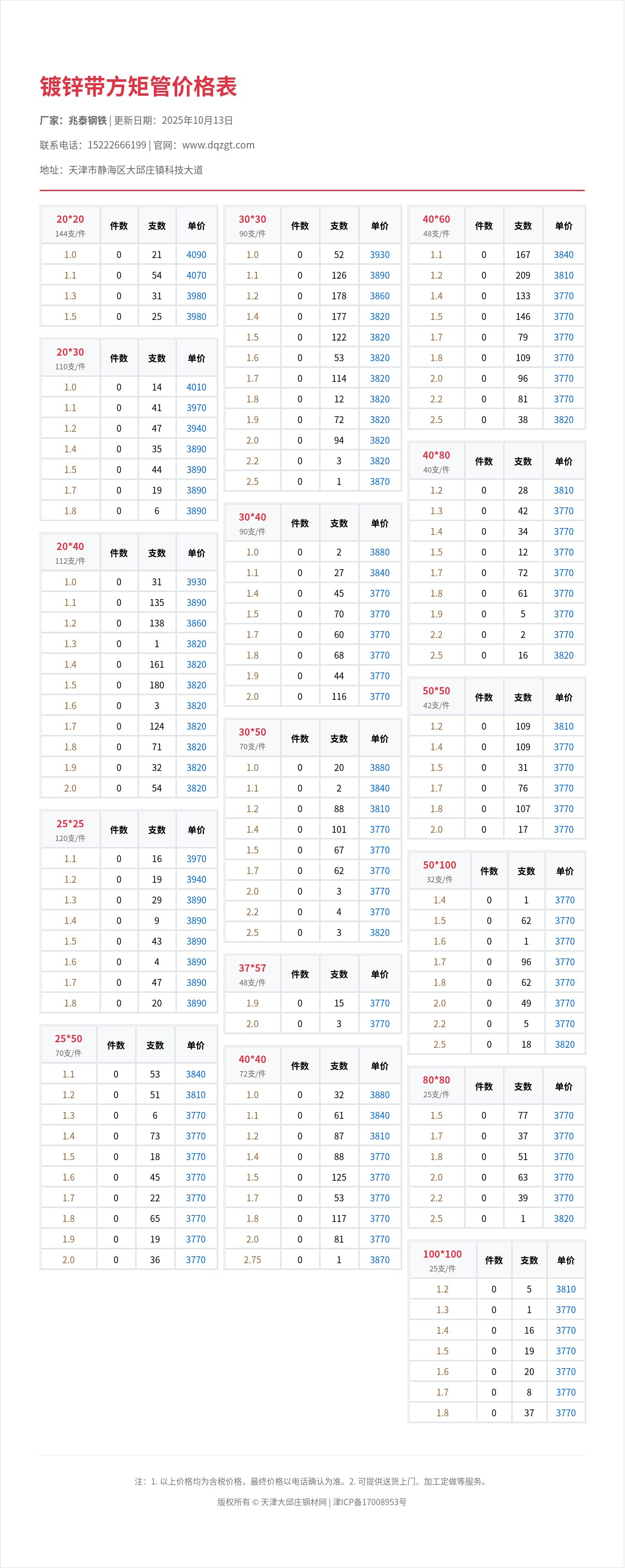 镀锌带方矩管价格表