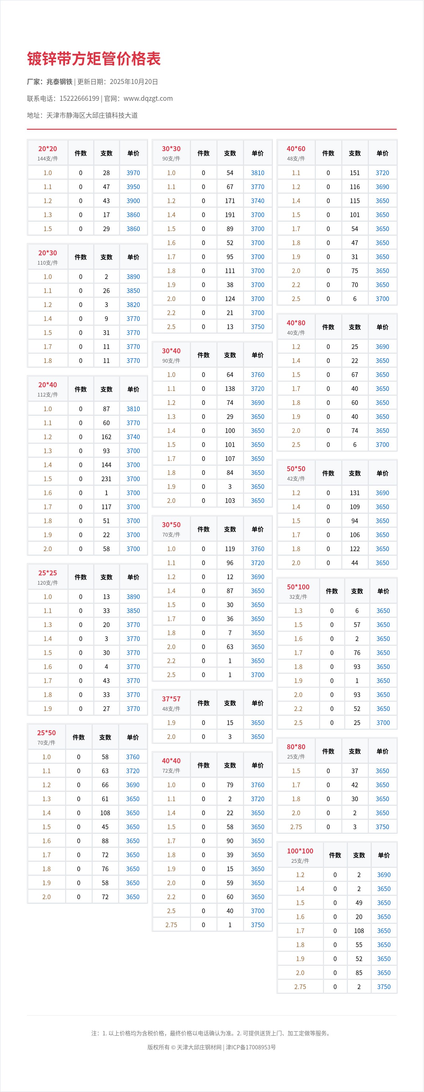 镀锌带方矩管价格表
