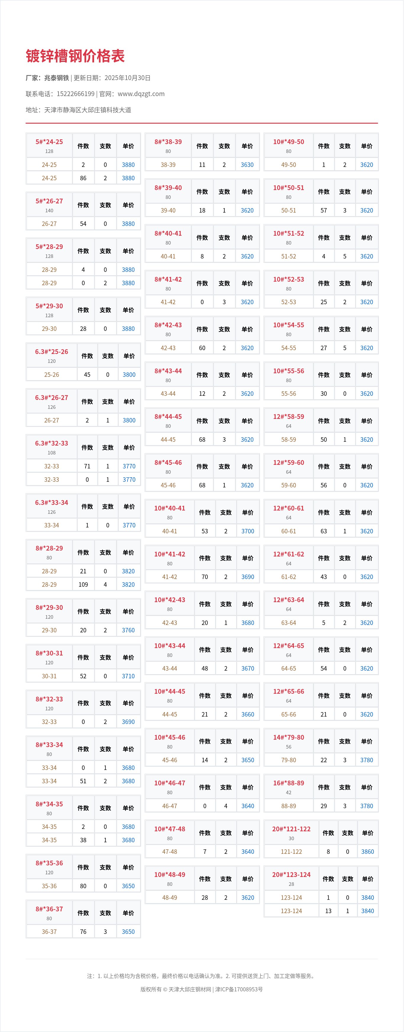镀锌槽钢价格表