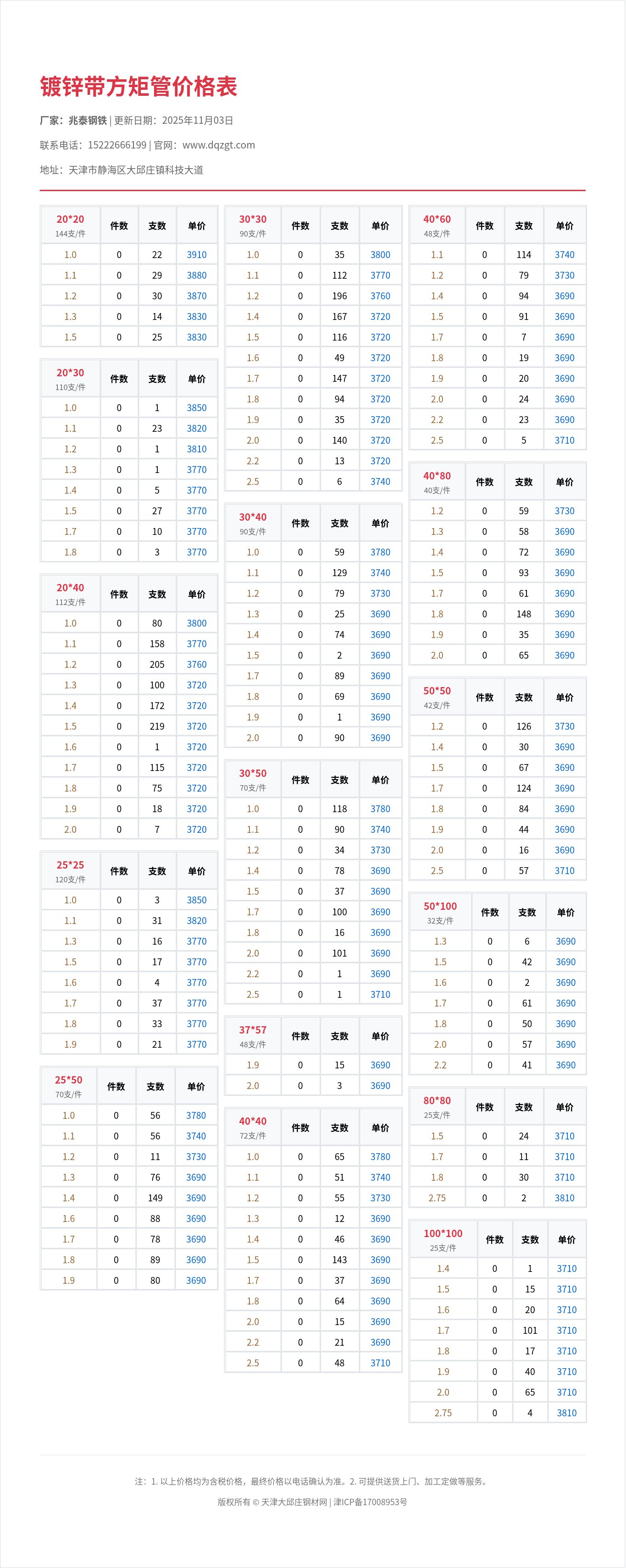 镀锌带方矩管价格表