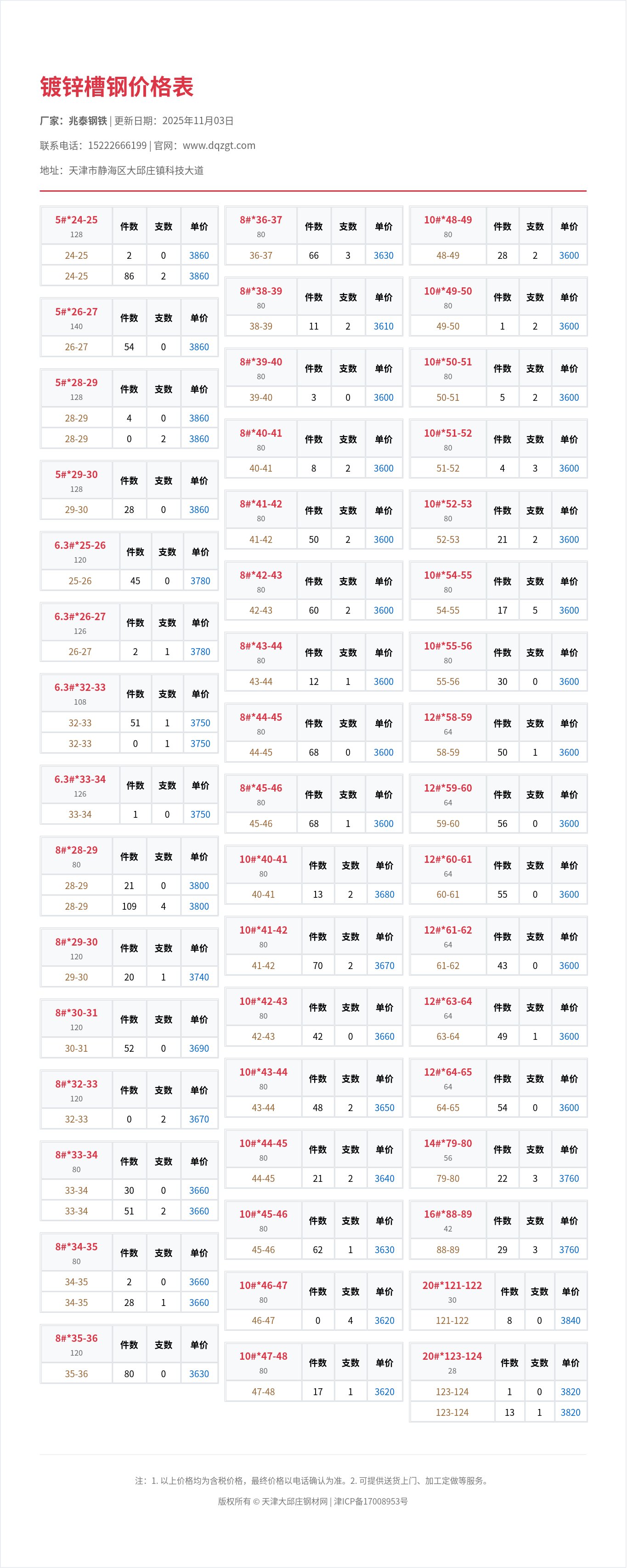 镀锌槽钢价格表