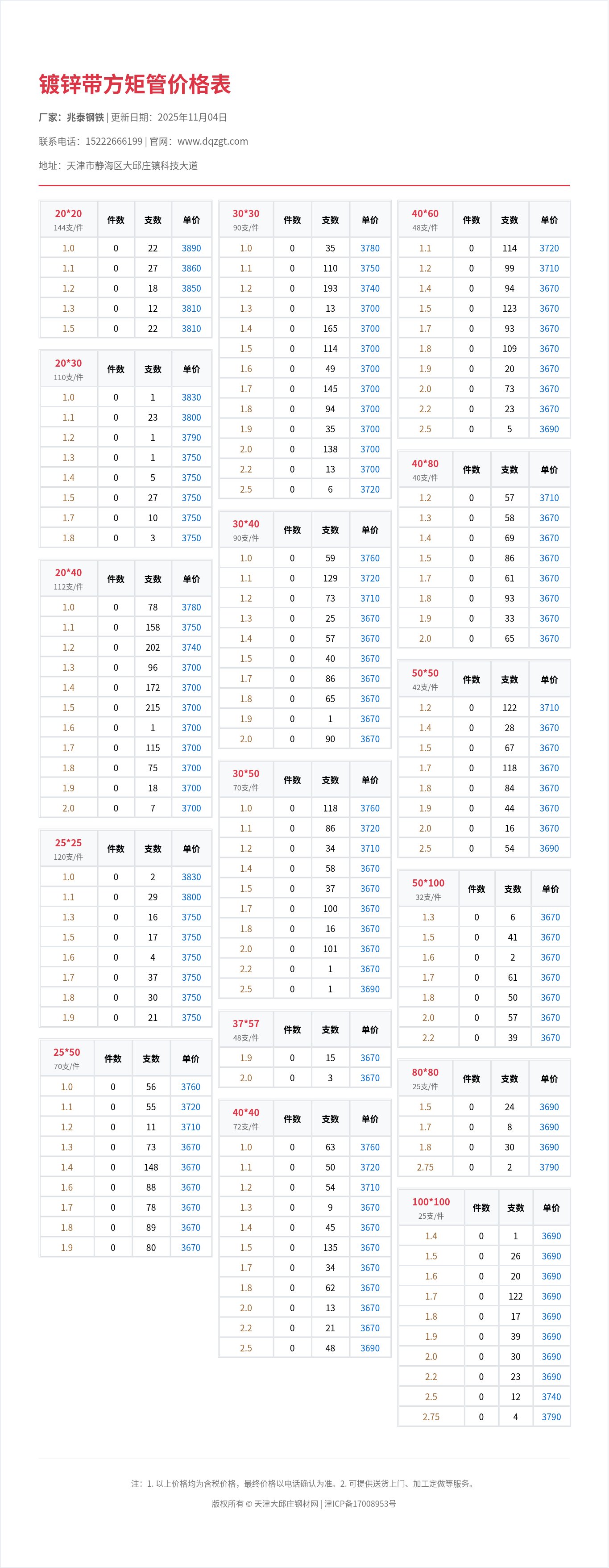 镀锌带方矩管价格表