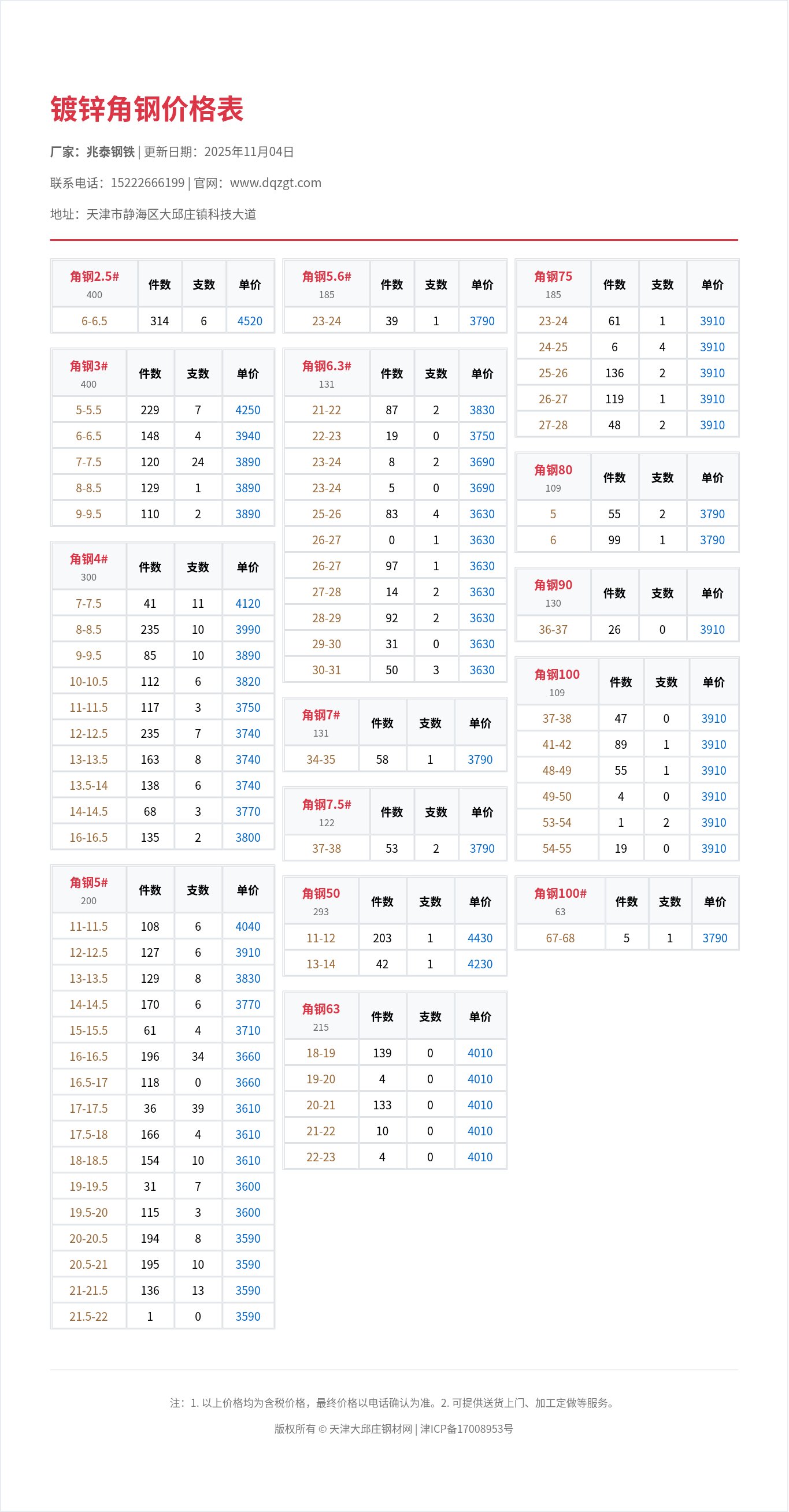 镀锌角钢价格表
