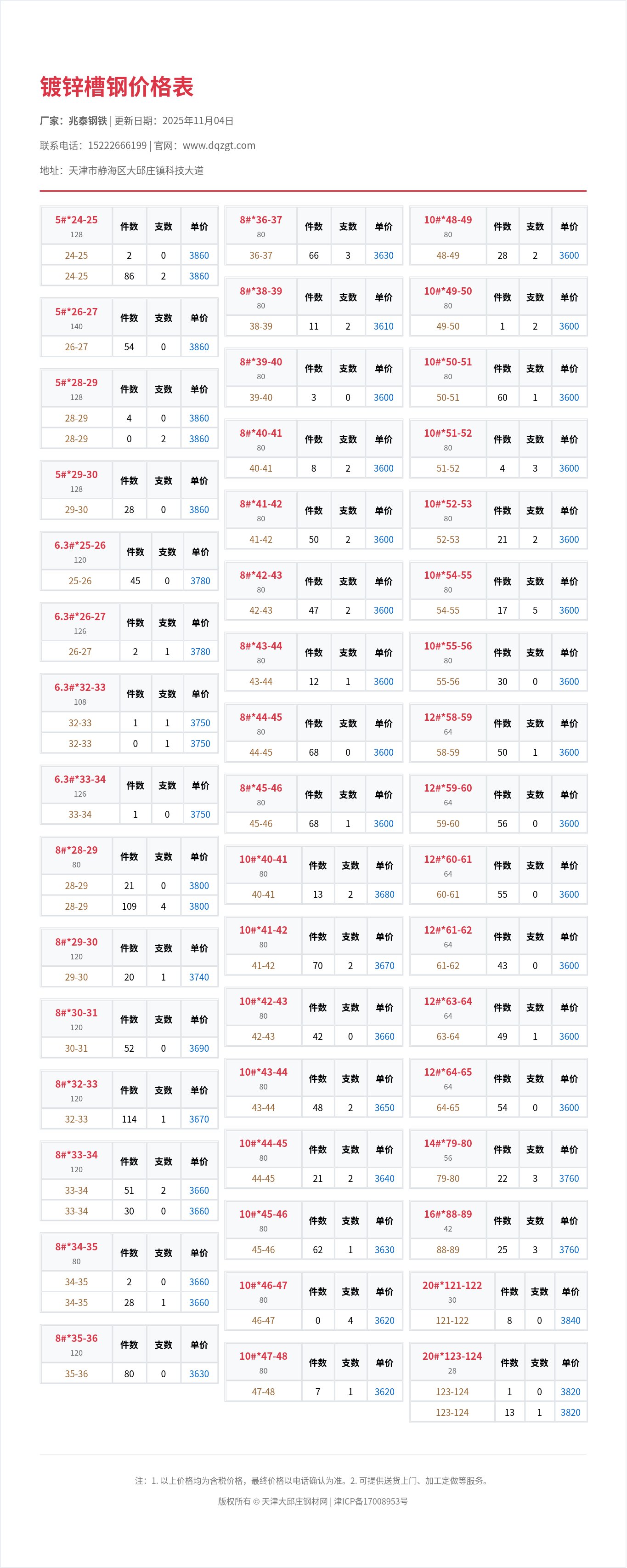 镀锌槽钢价格表