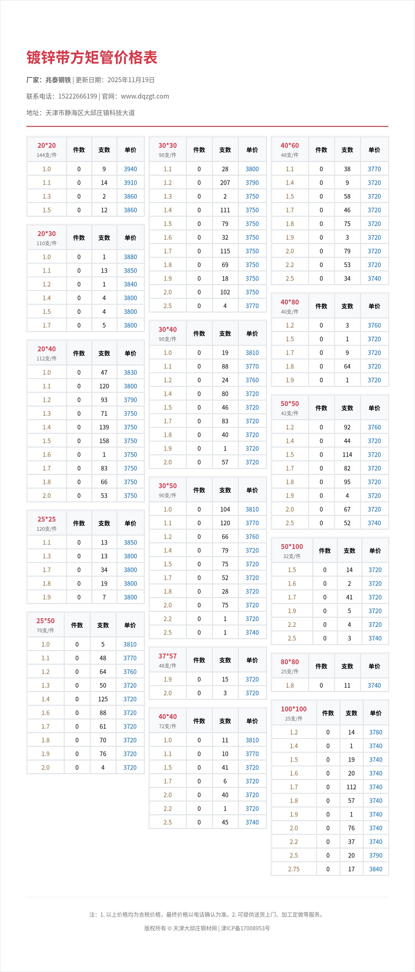 镀锌带方矩管价格表