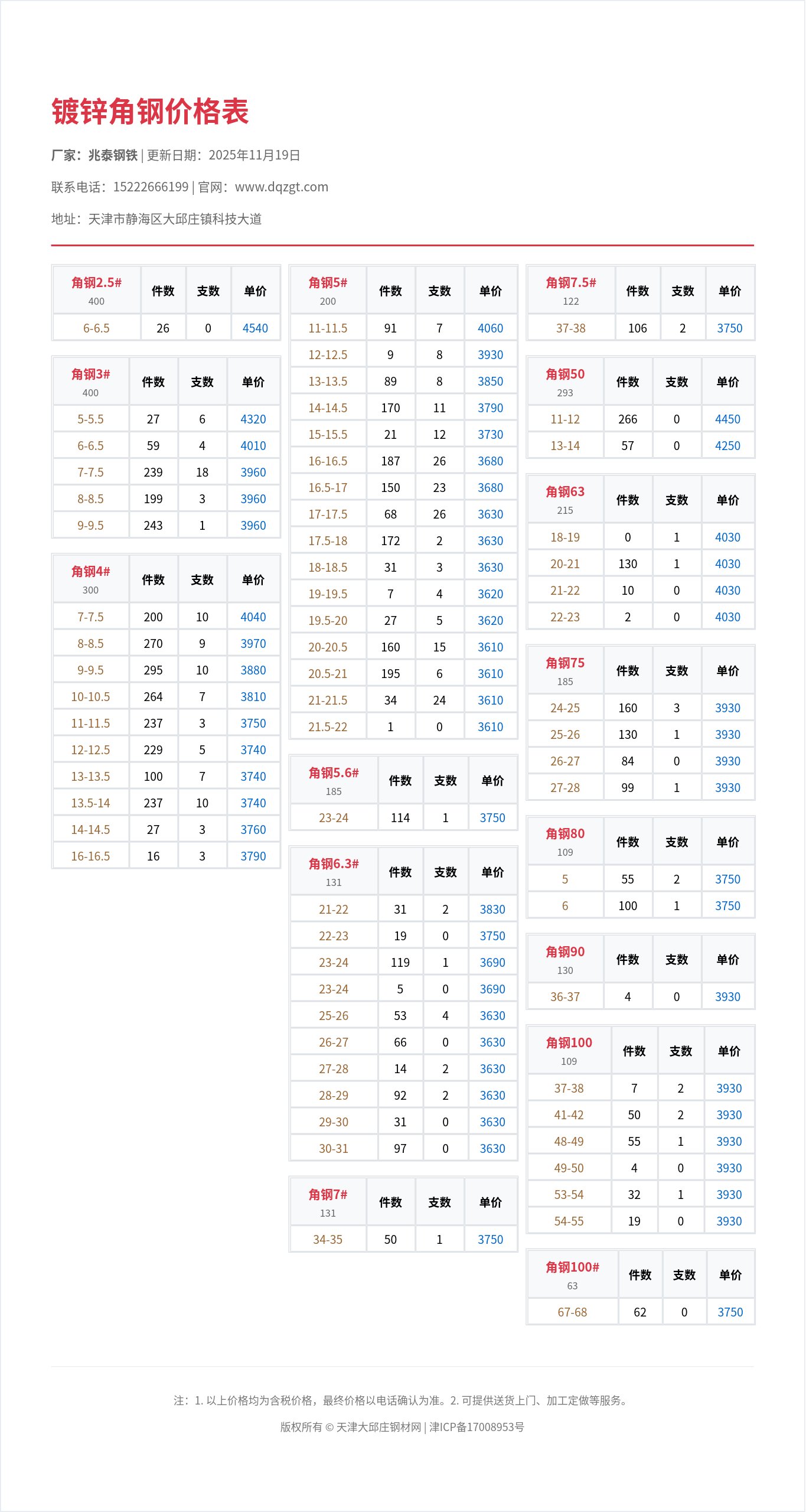 镀锌角钢价格表