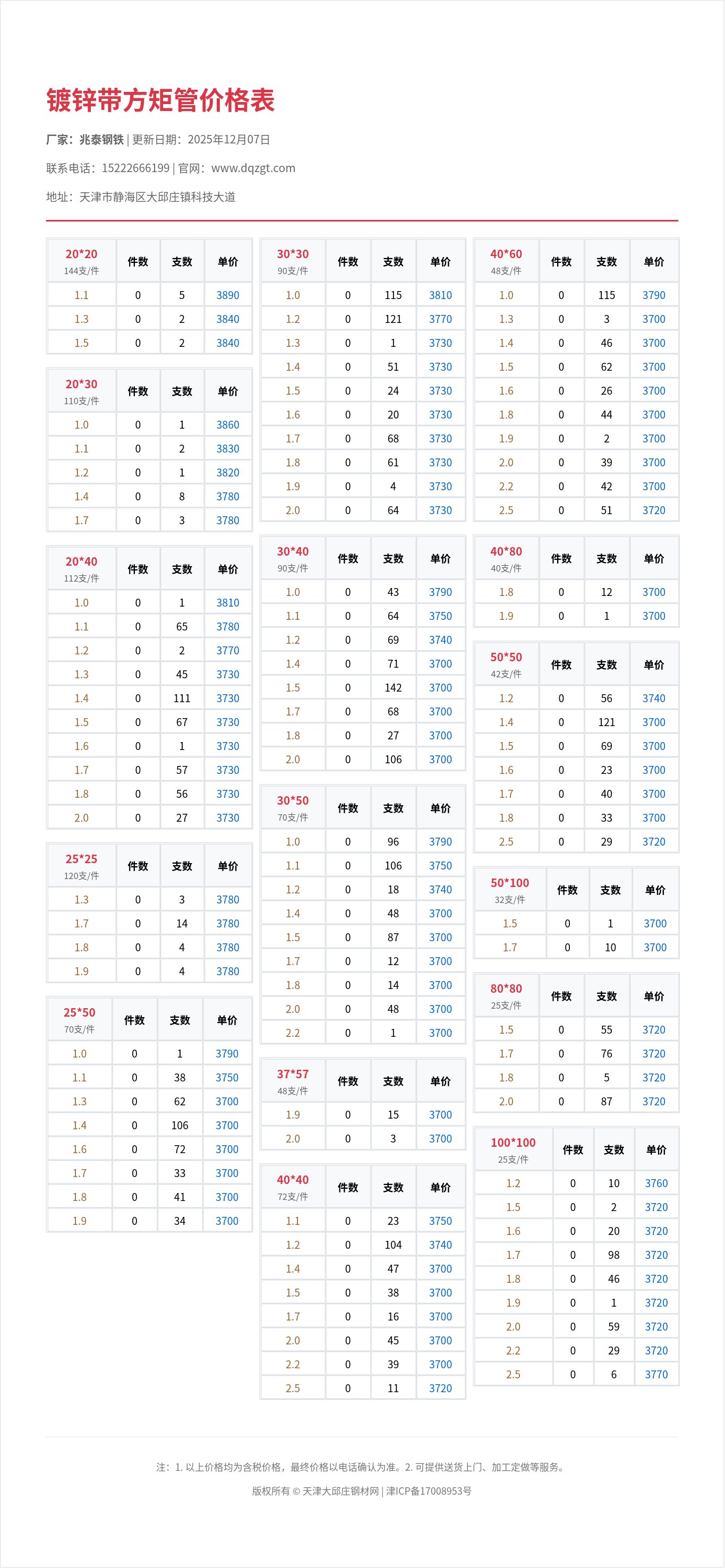镀锌带方矩管价格表
