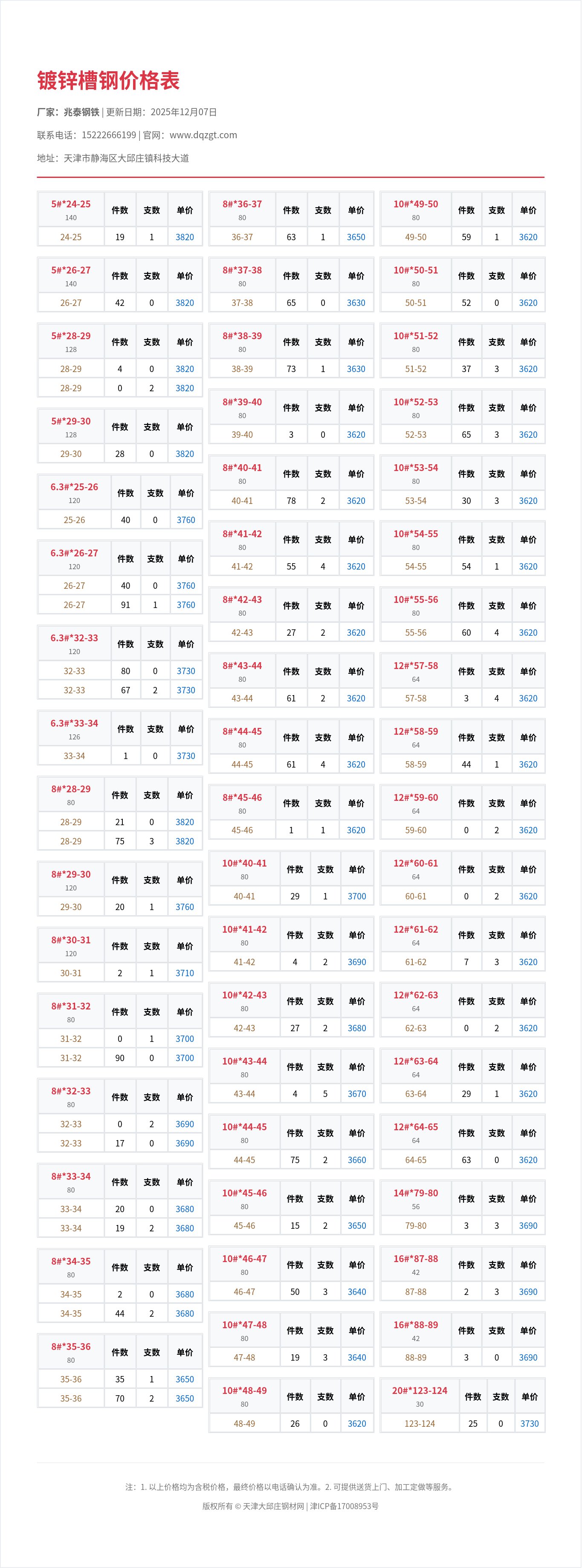 镀锌槽钢价格表