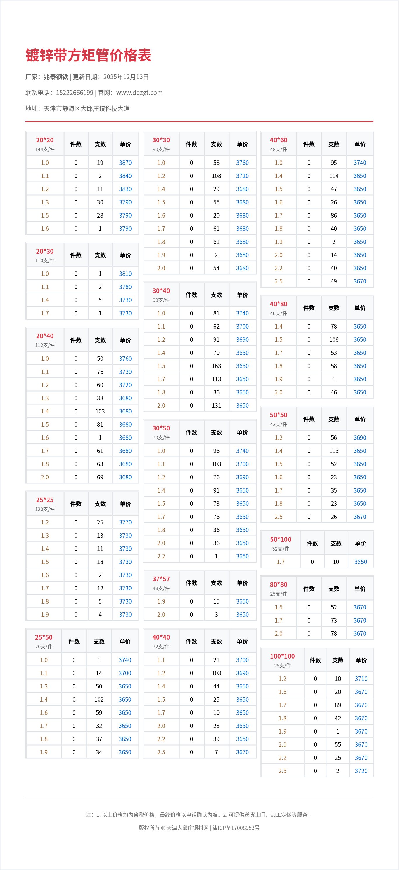 镀锌带方矩管价格表