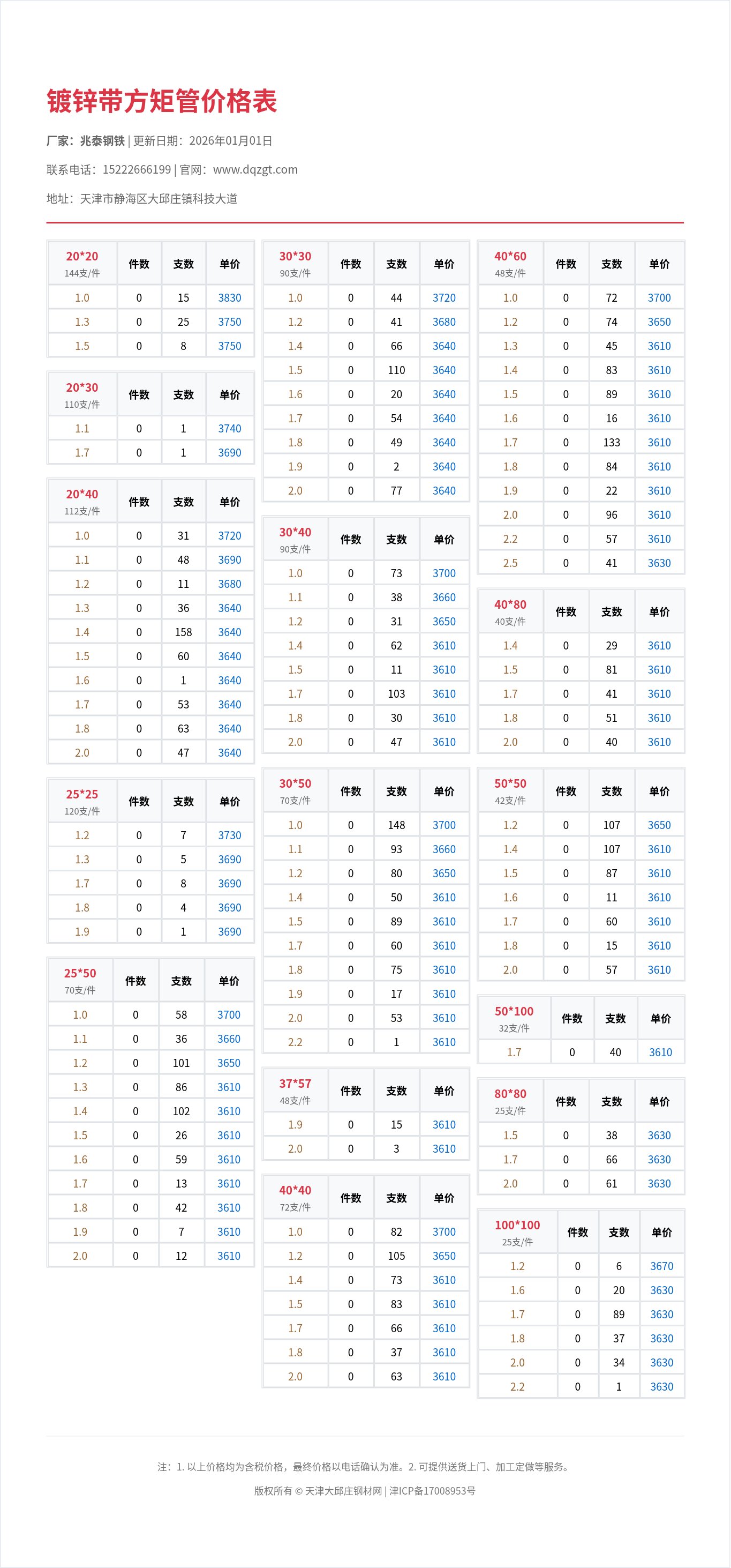镀锌带方矩管价格表
