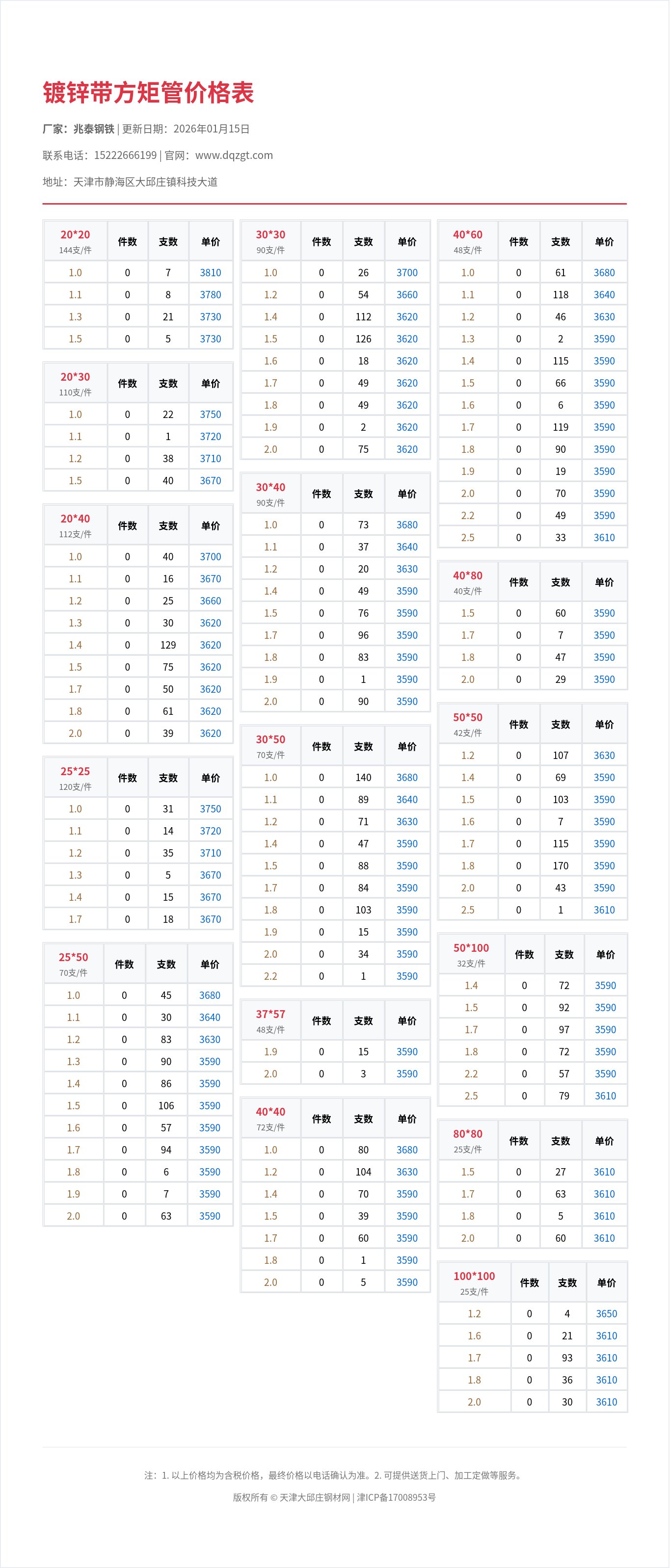 镀锌带方矩管价格表