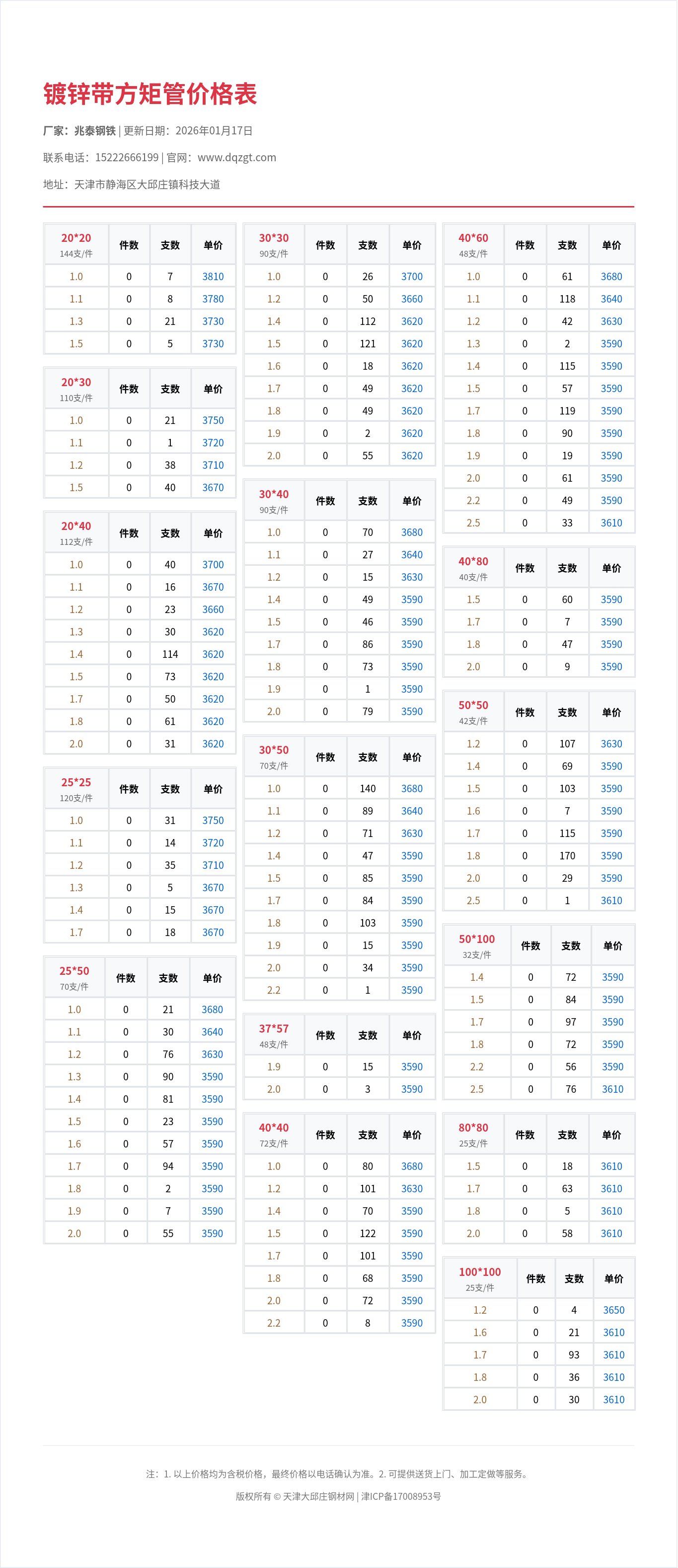 镀锌带方矩管价格表