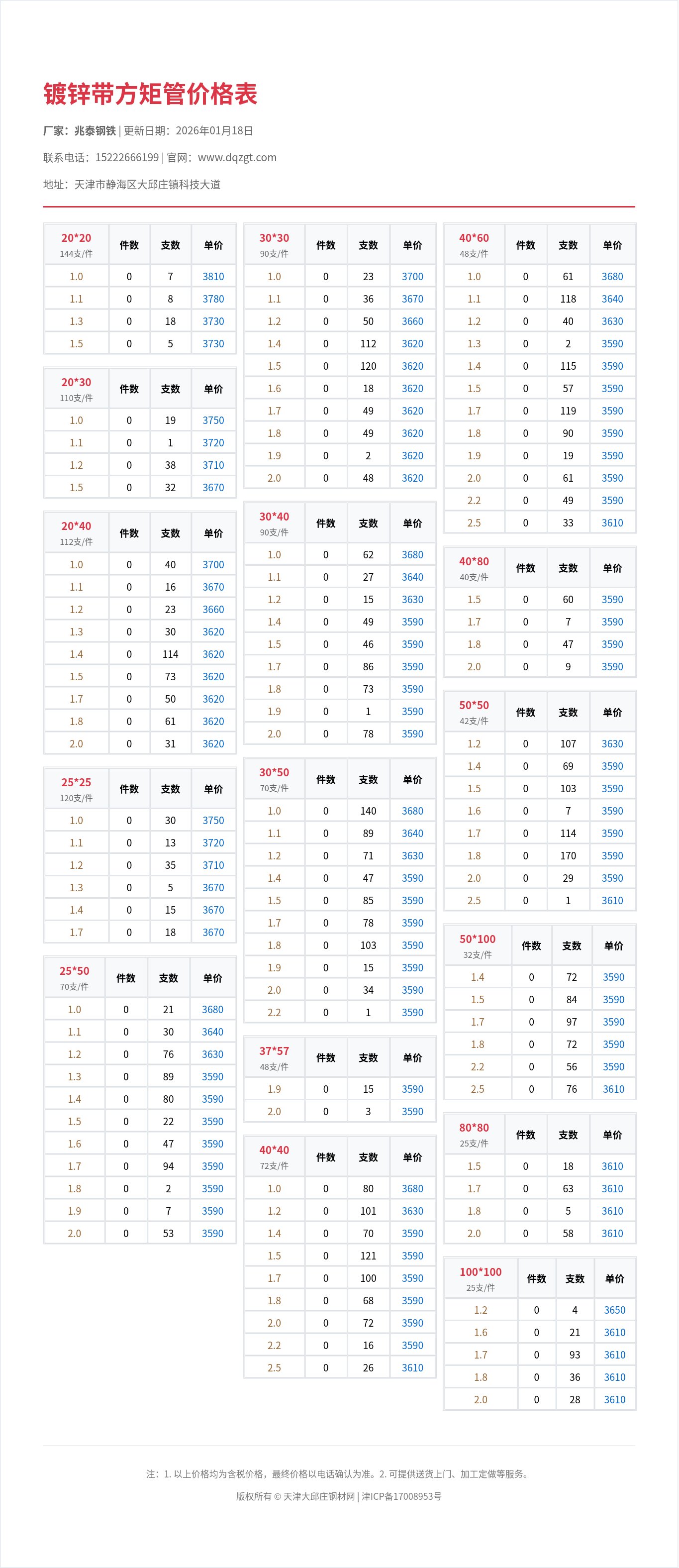 镀锌带方矩管价格表