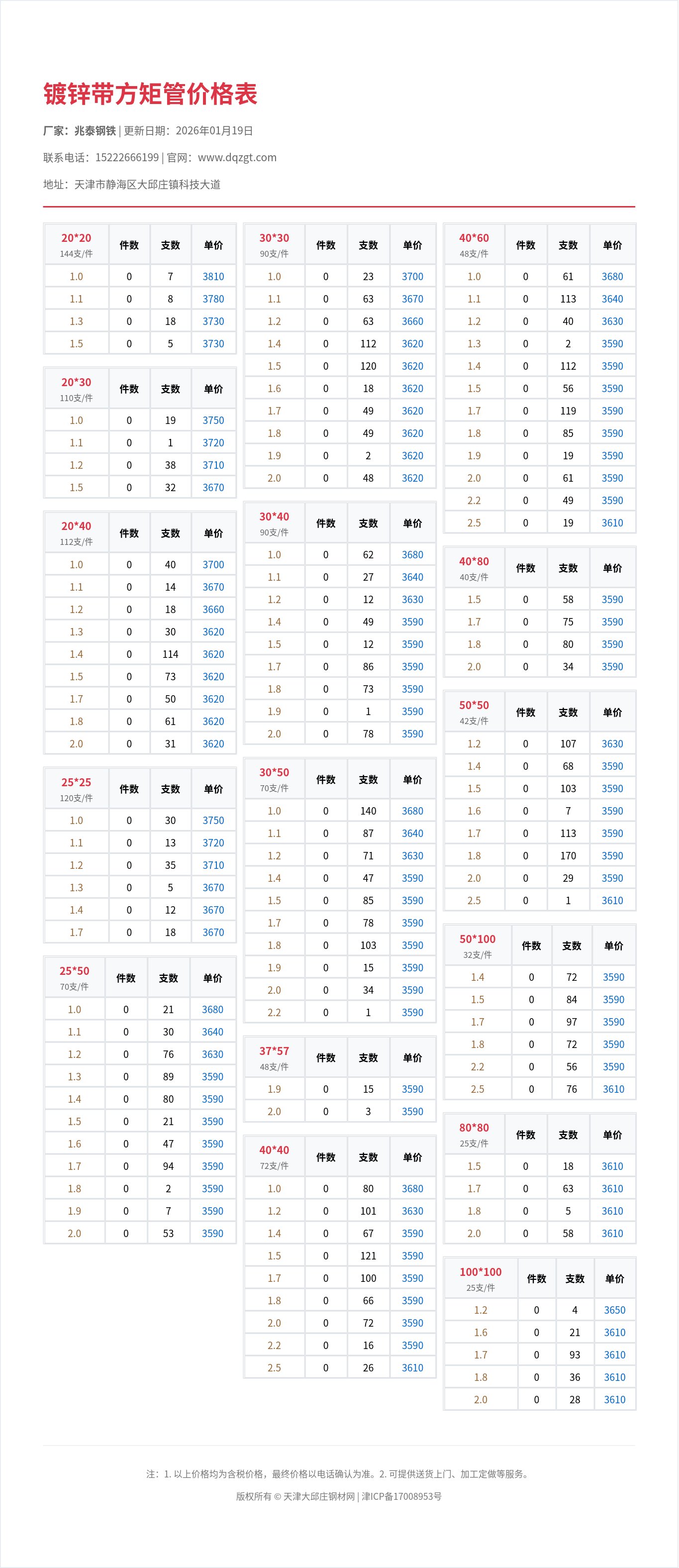 镀锌带方矩管价格表