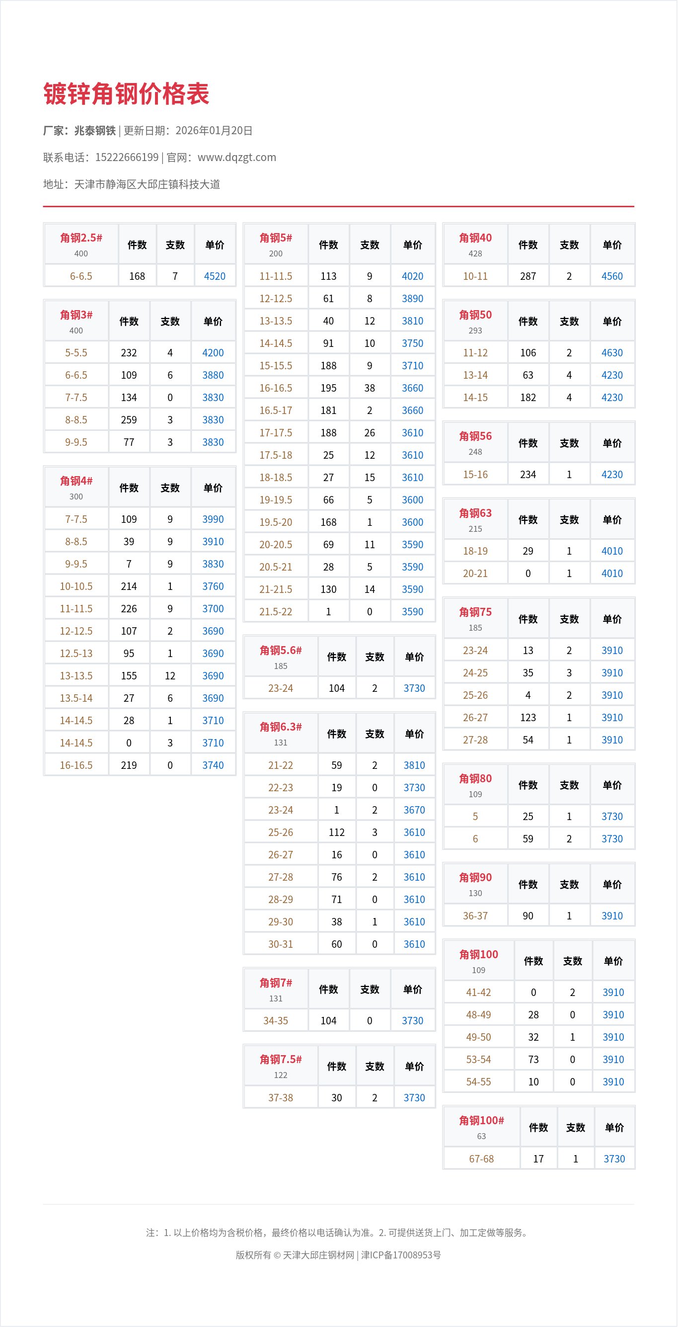 镀锌角钢价格表