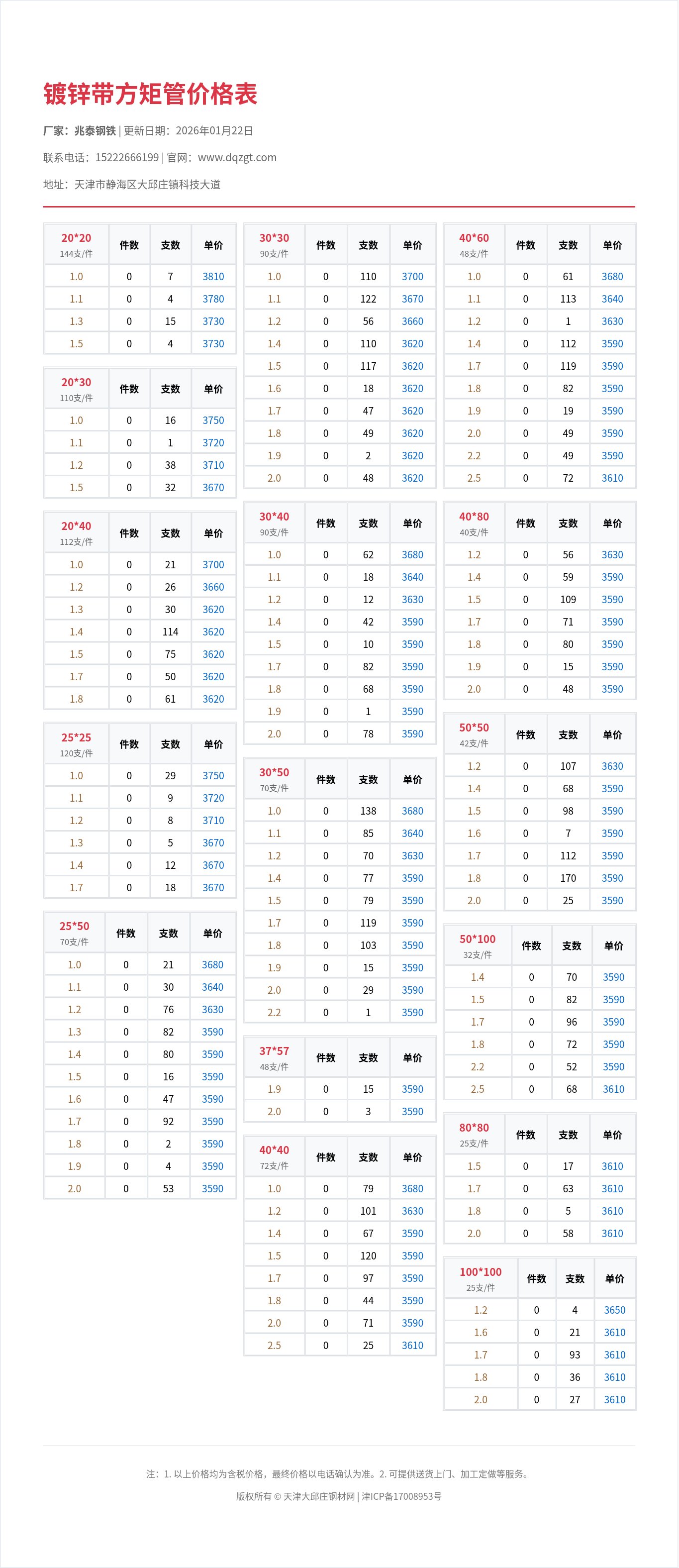 镀锌带方矩管价格表