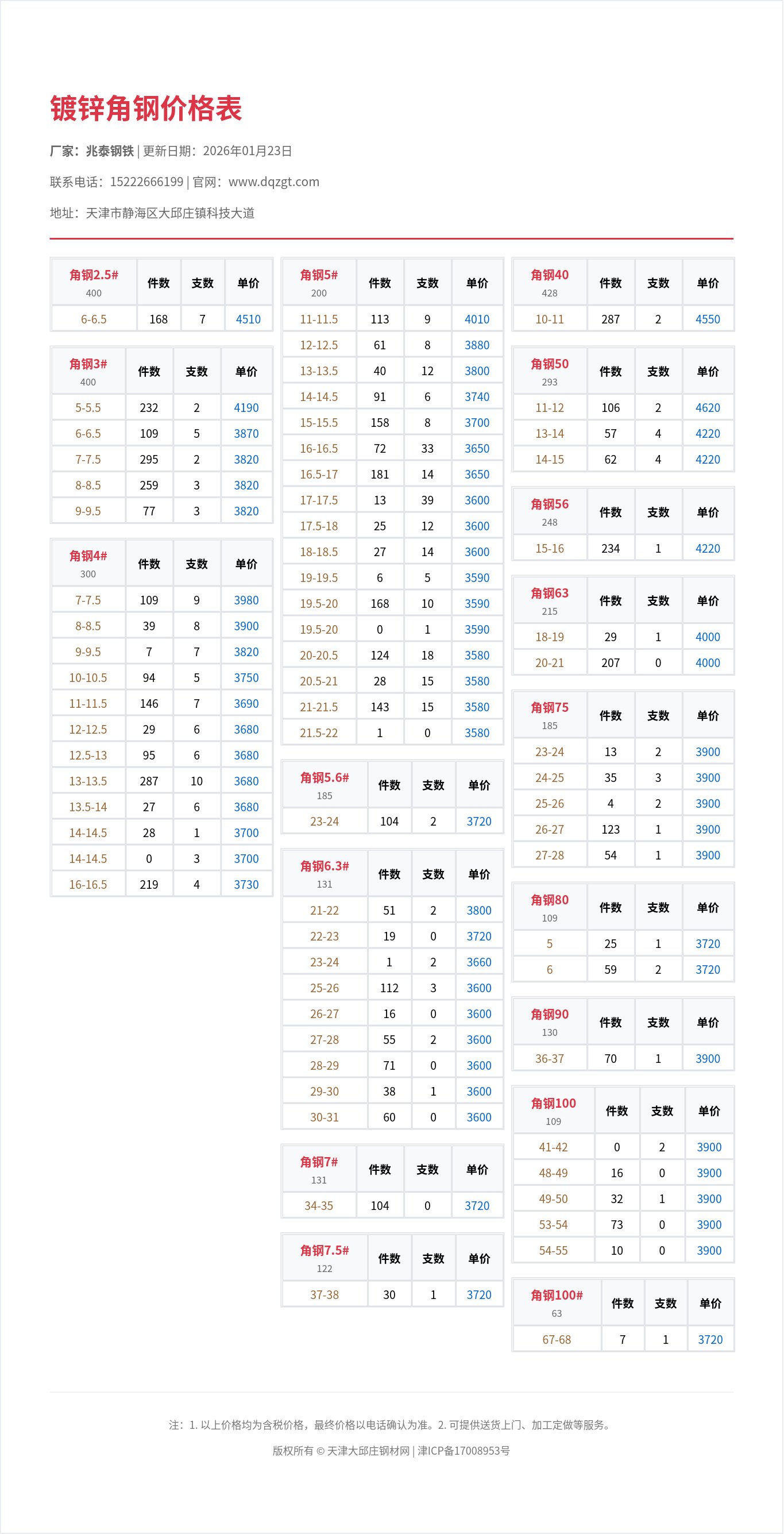 镀锌角钢价格表