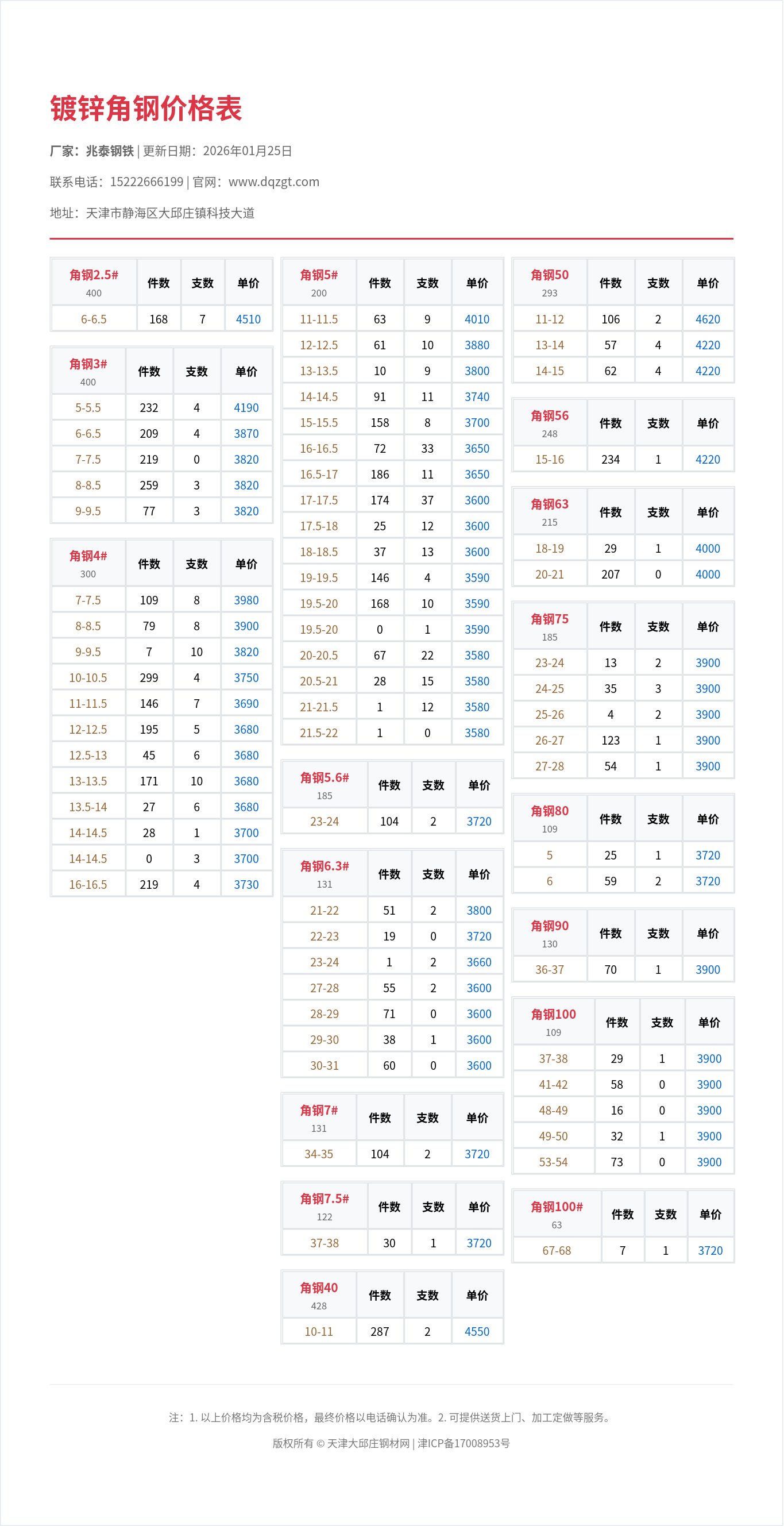 镀锌角钢价格表