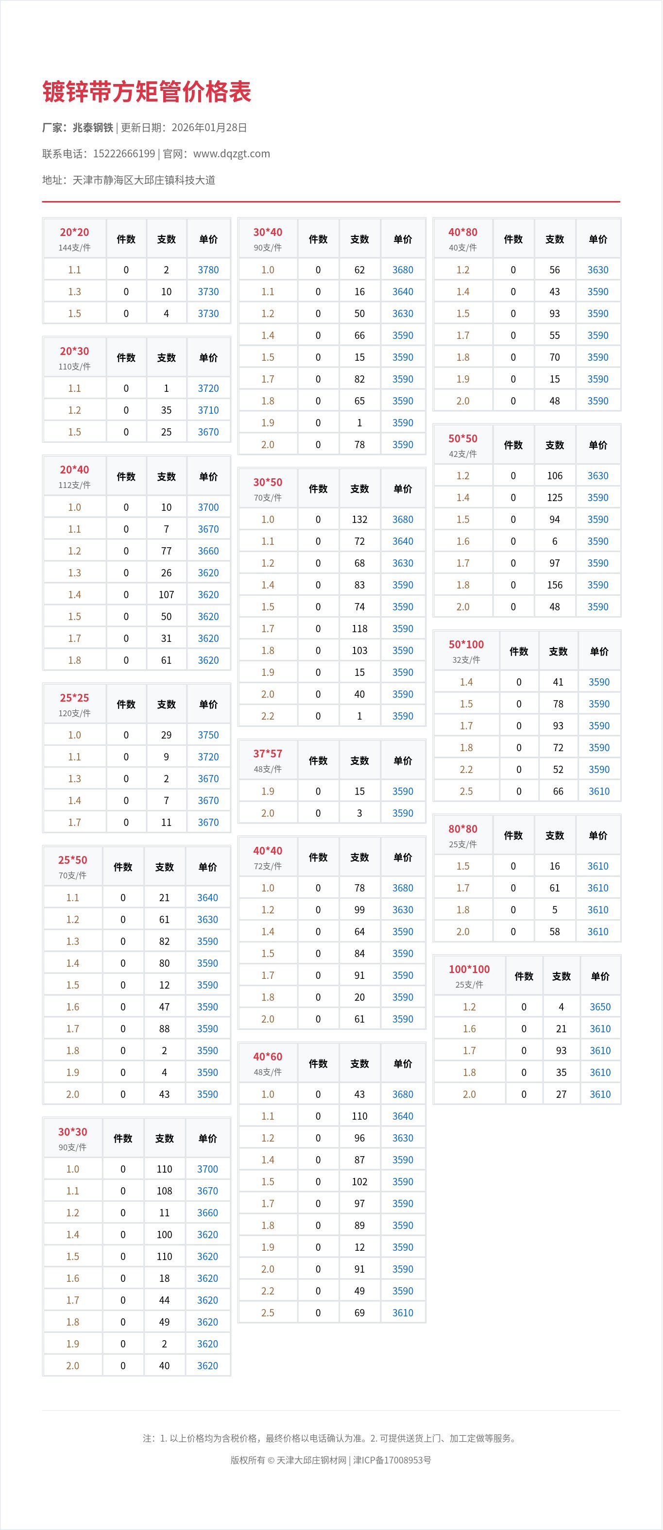 镀锌带方矩管价格表