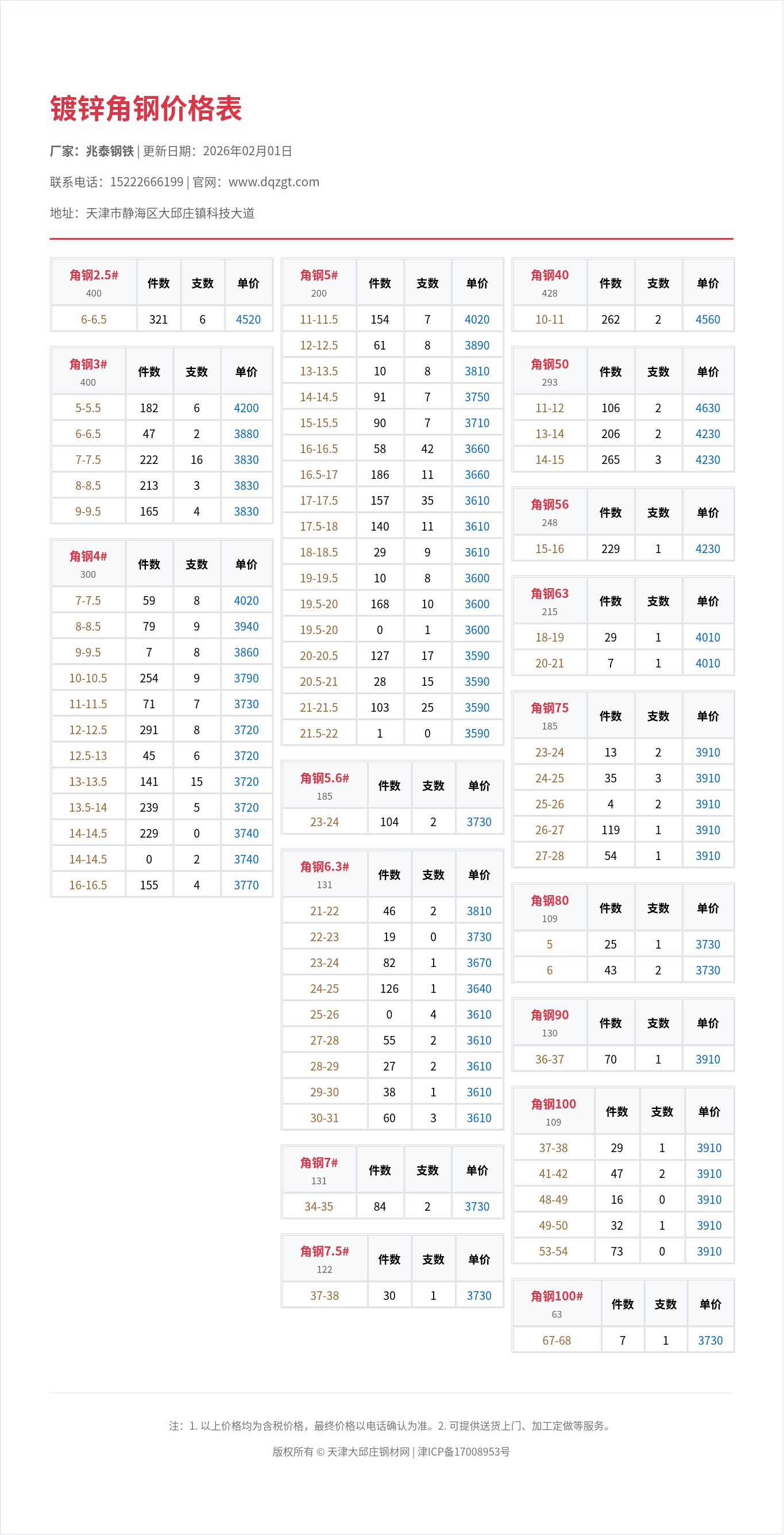 镀锌角钢价格表