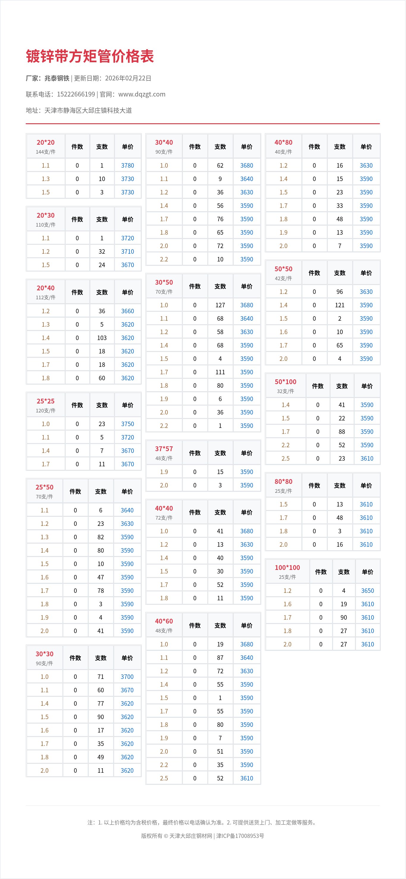 镀锌带方矩管价格表