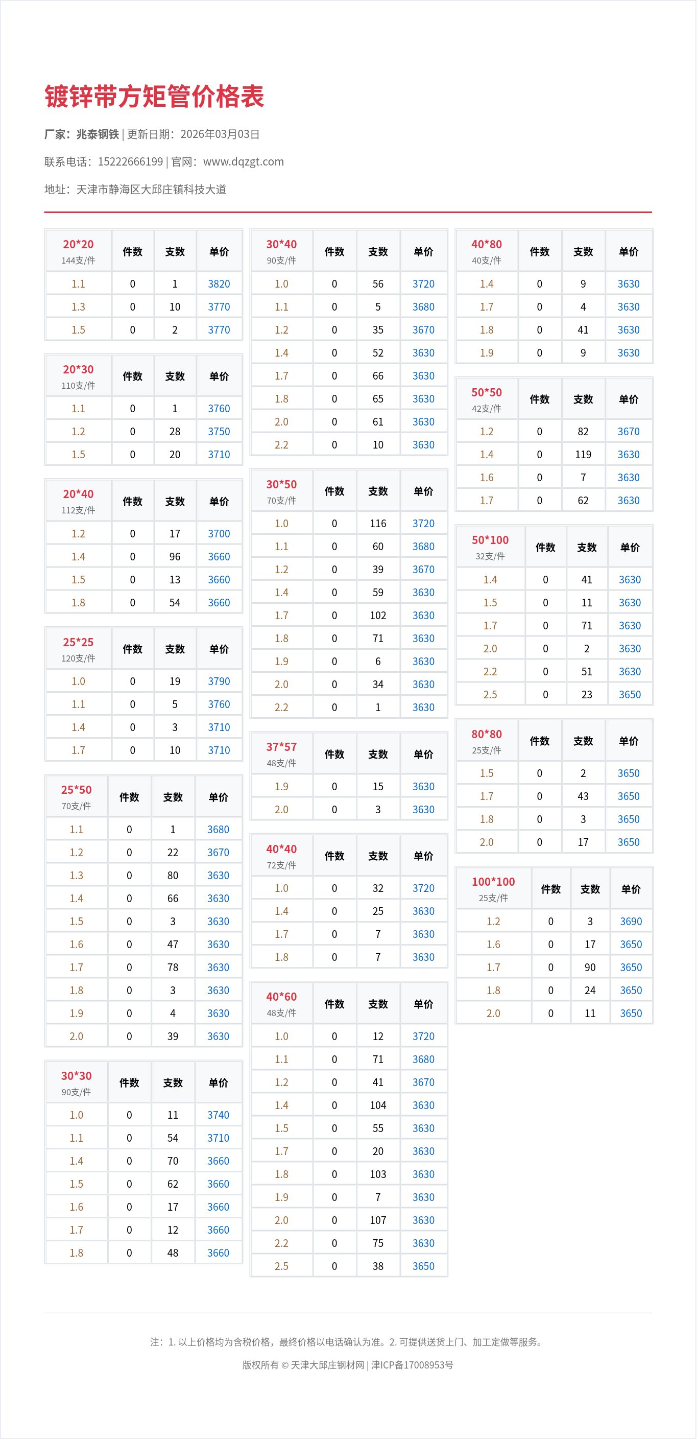 鍍鋅帶方矩管價格表