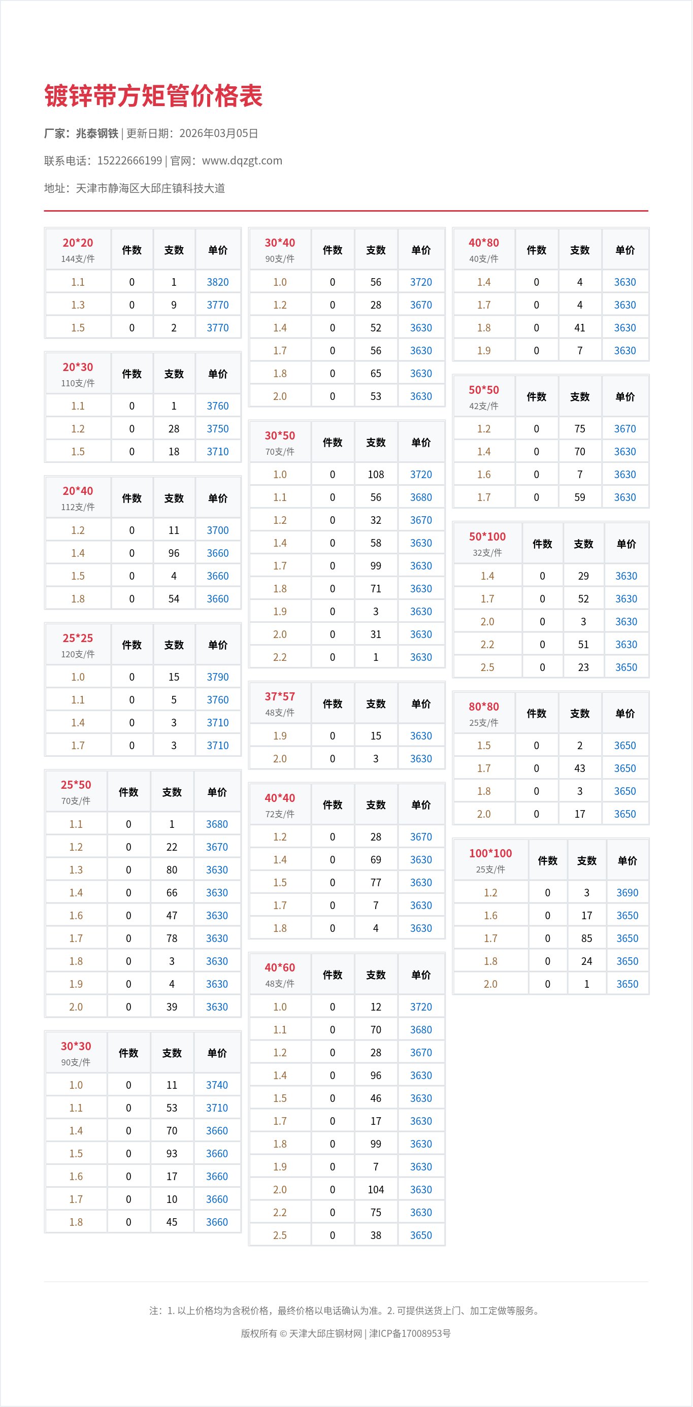 镀锌带方矩管价格表