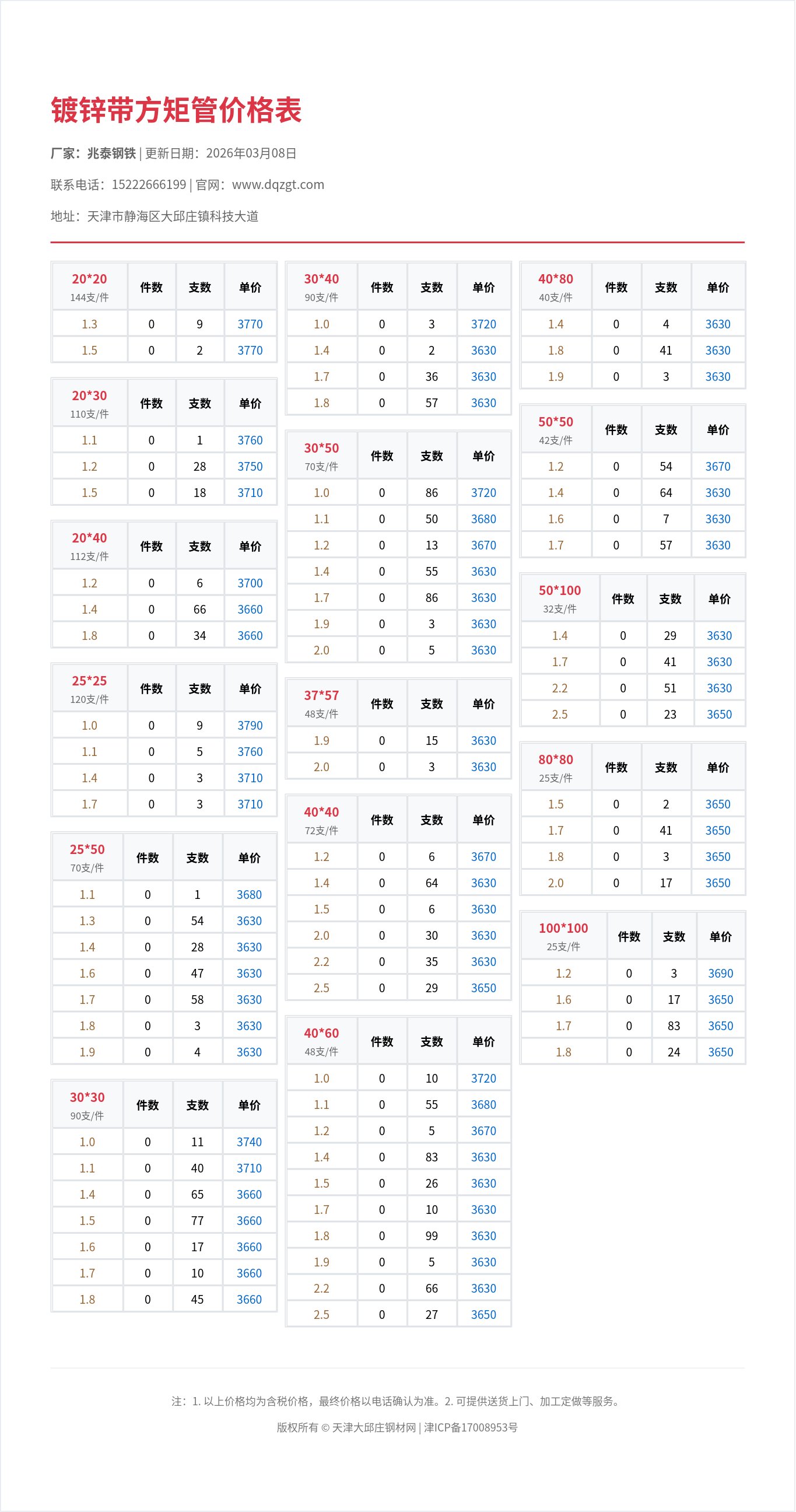镀锌带方矩管价格表