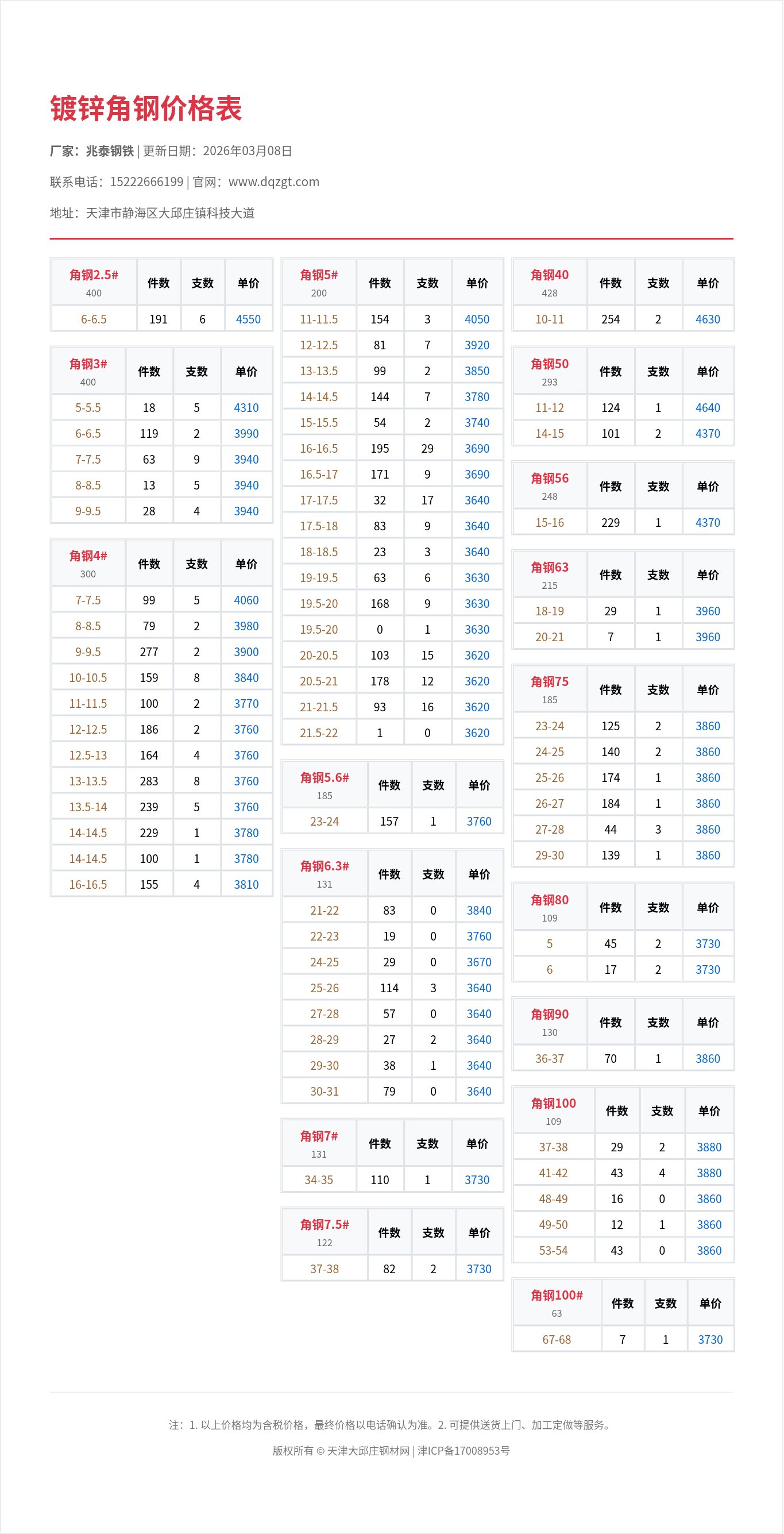 镀锌角钢价格表