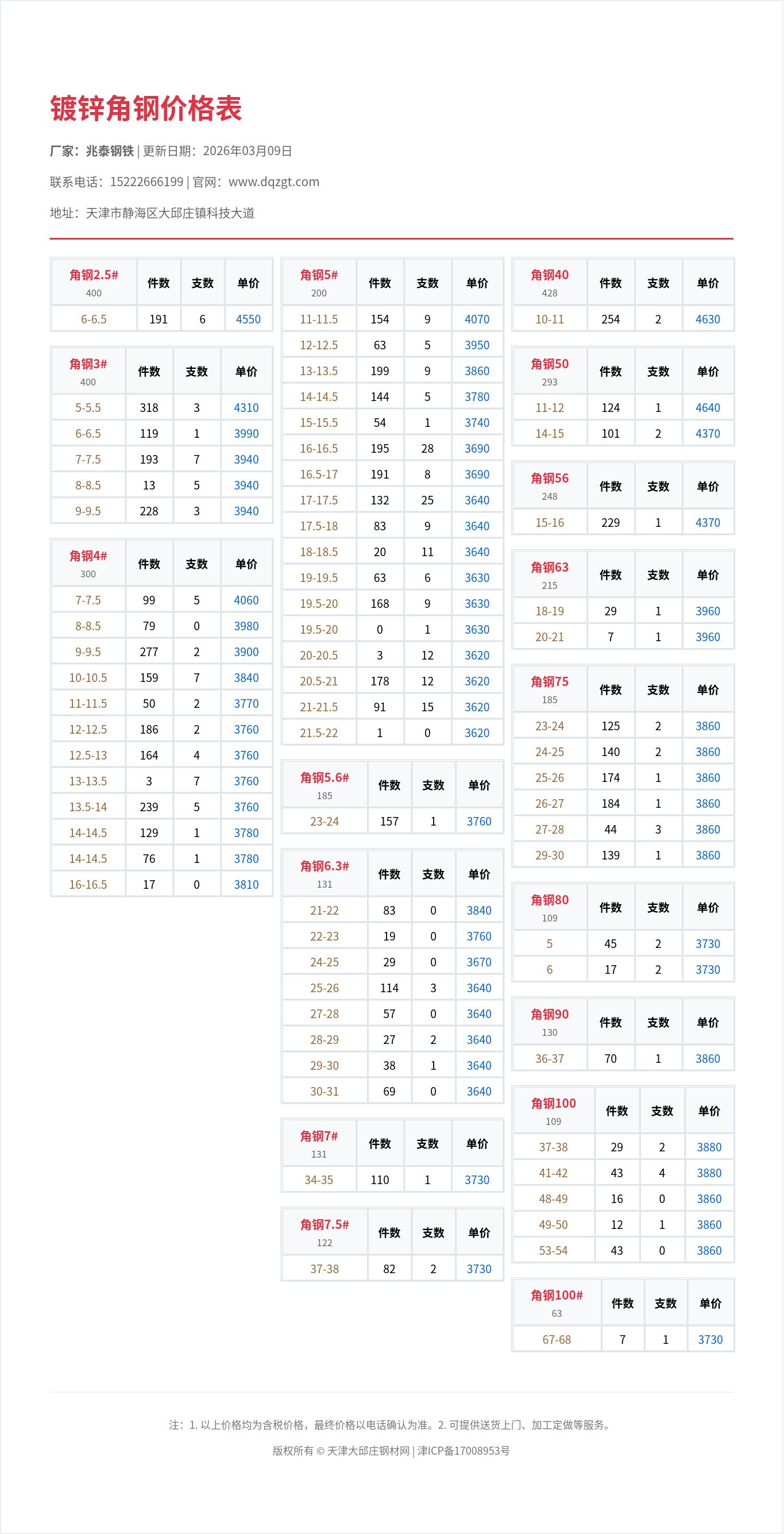 镀锌角钢价格表