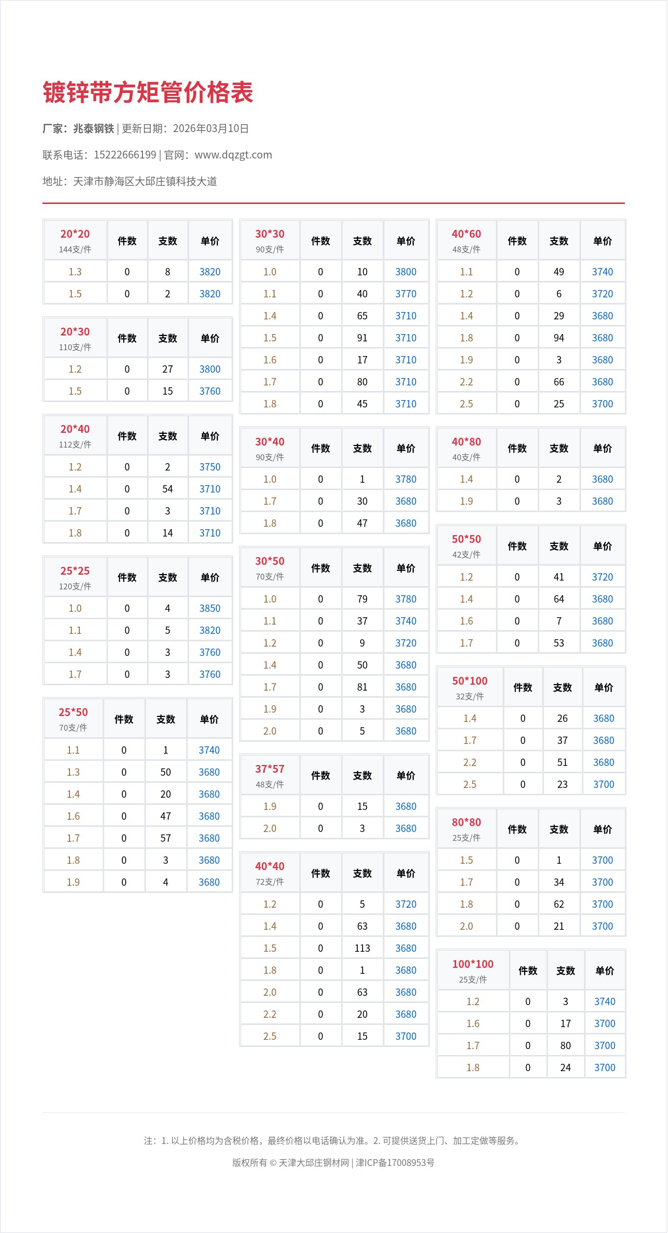 镀锌带方矩管价格表