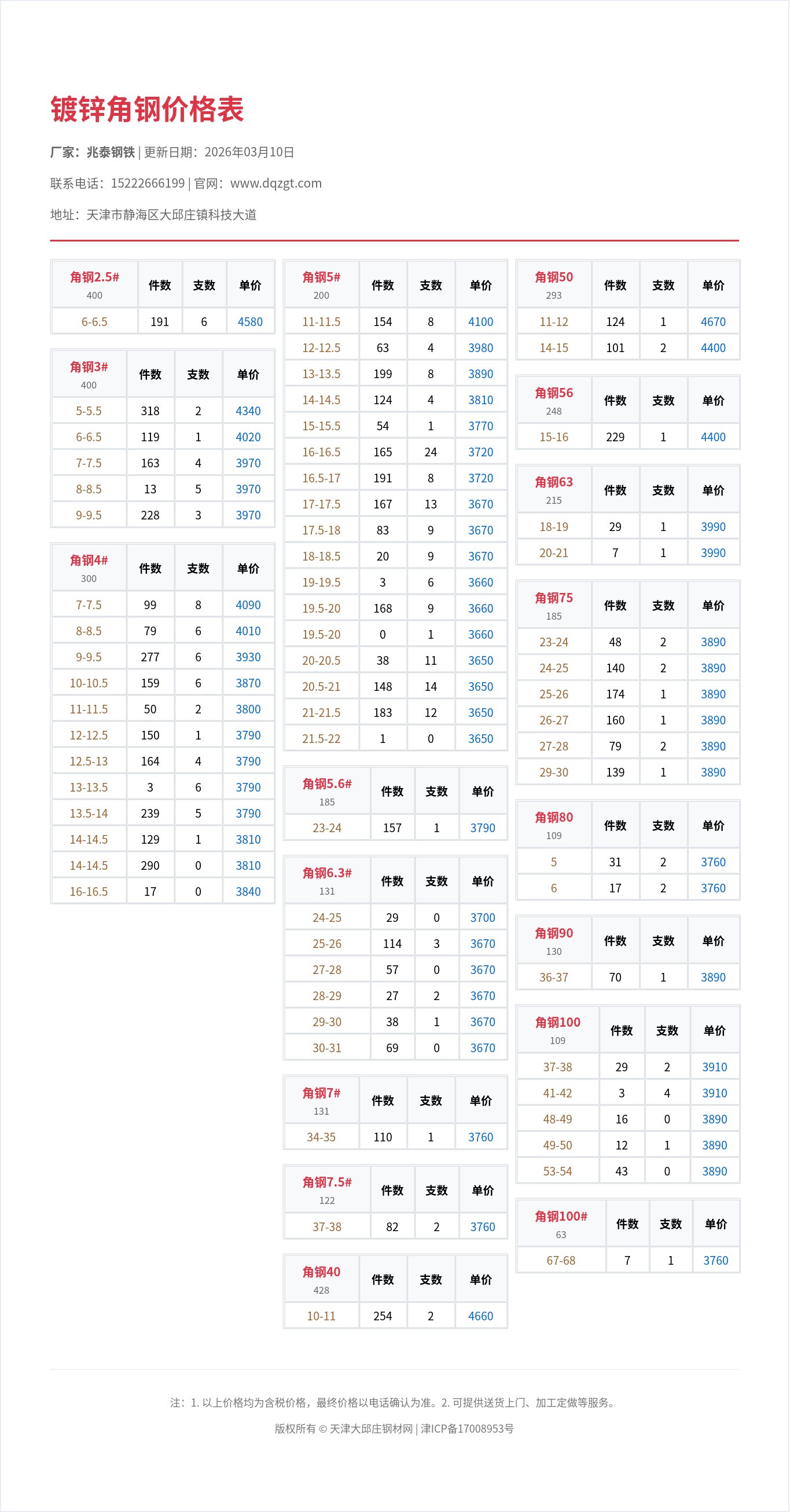 镀锌角钢价格表