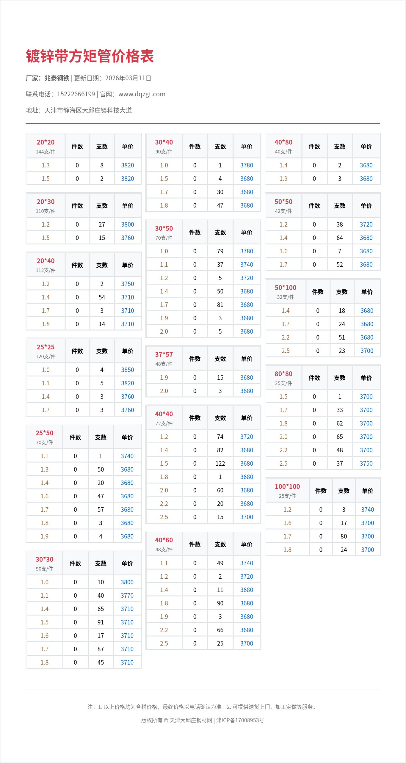 镀锌带方矩管价格表