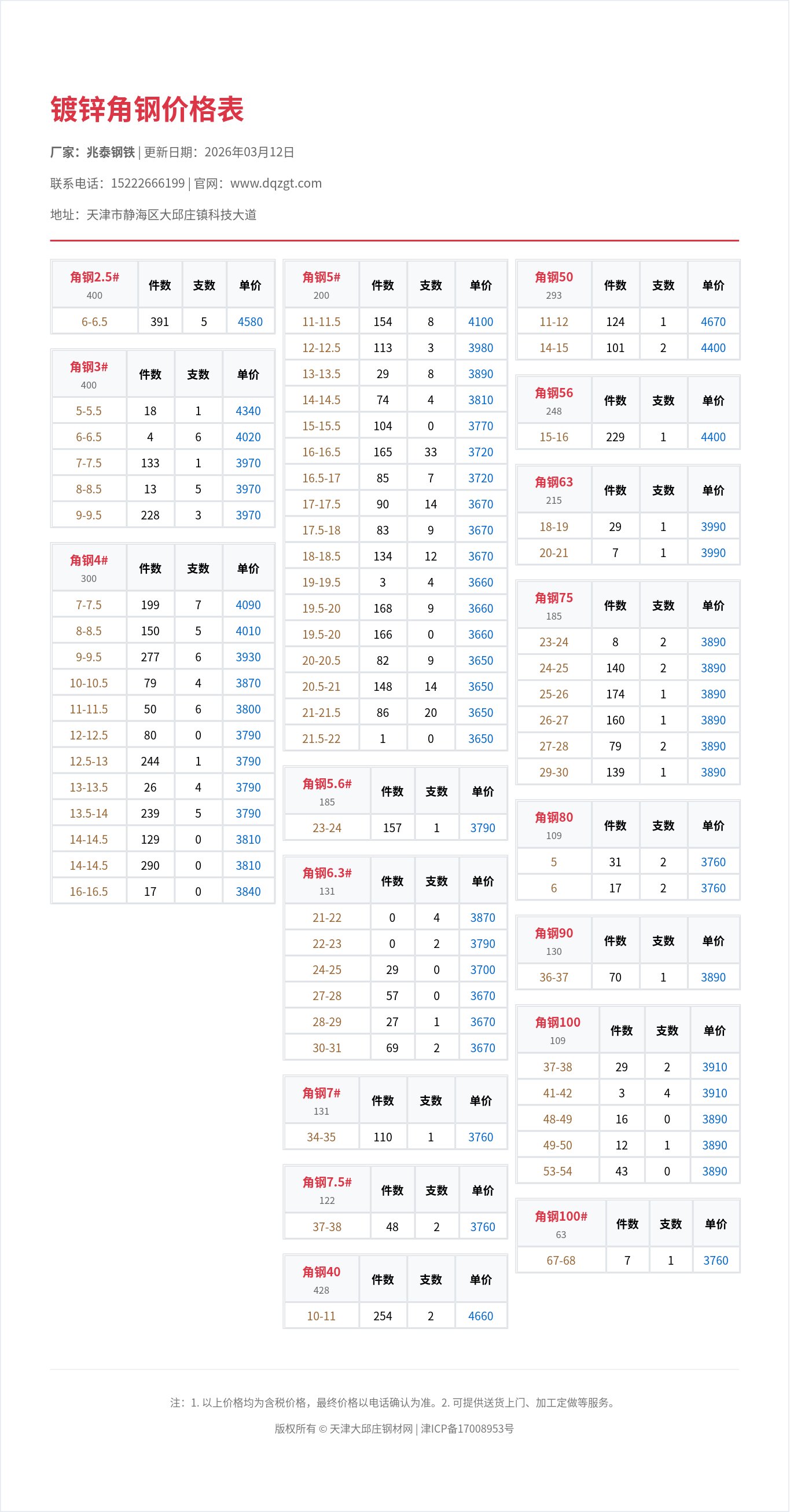 镀锌角钢价格表