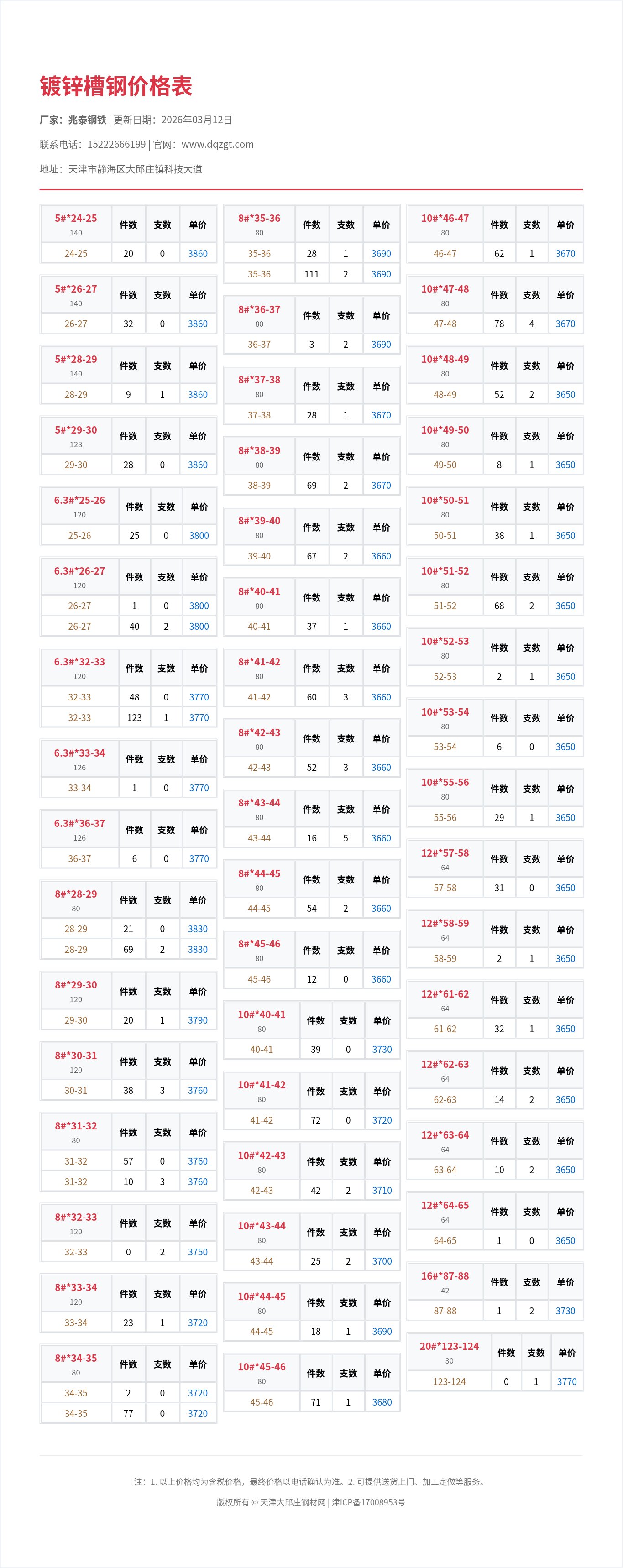 镀锌槽钢价格表