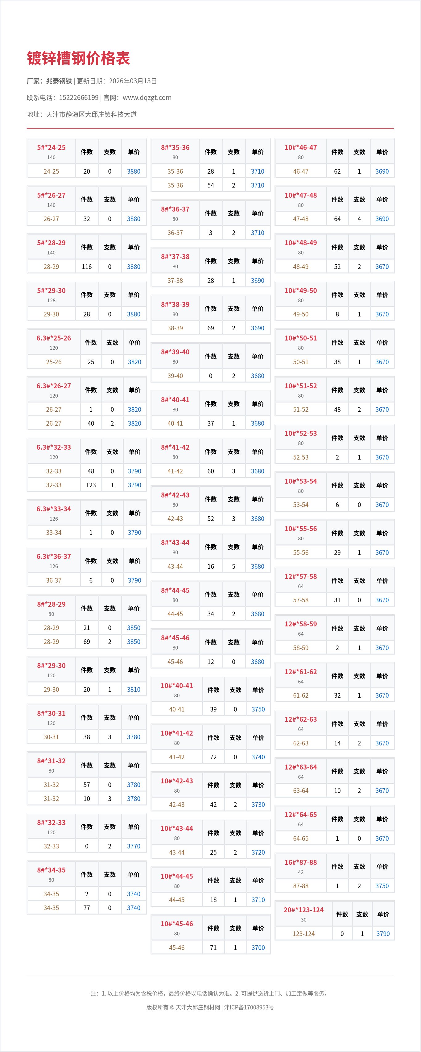 镀锌槽钢价格表