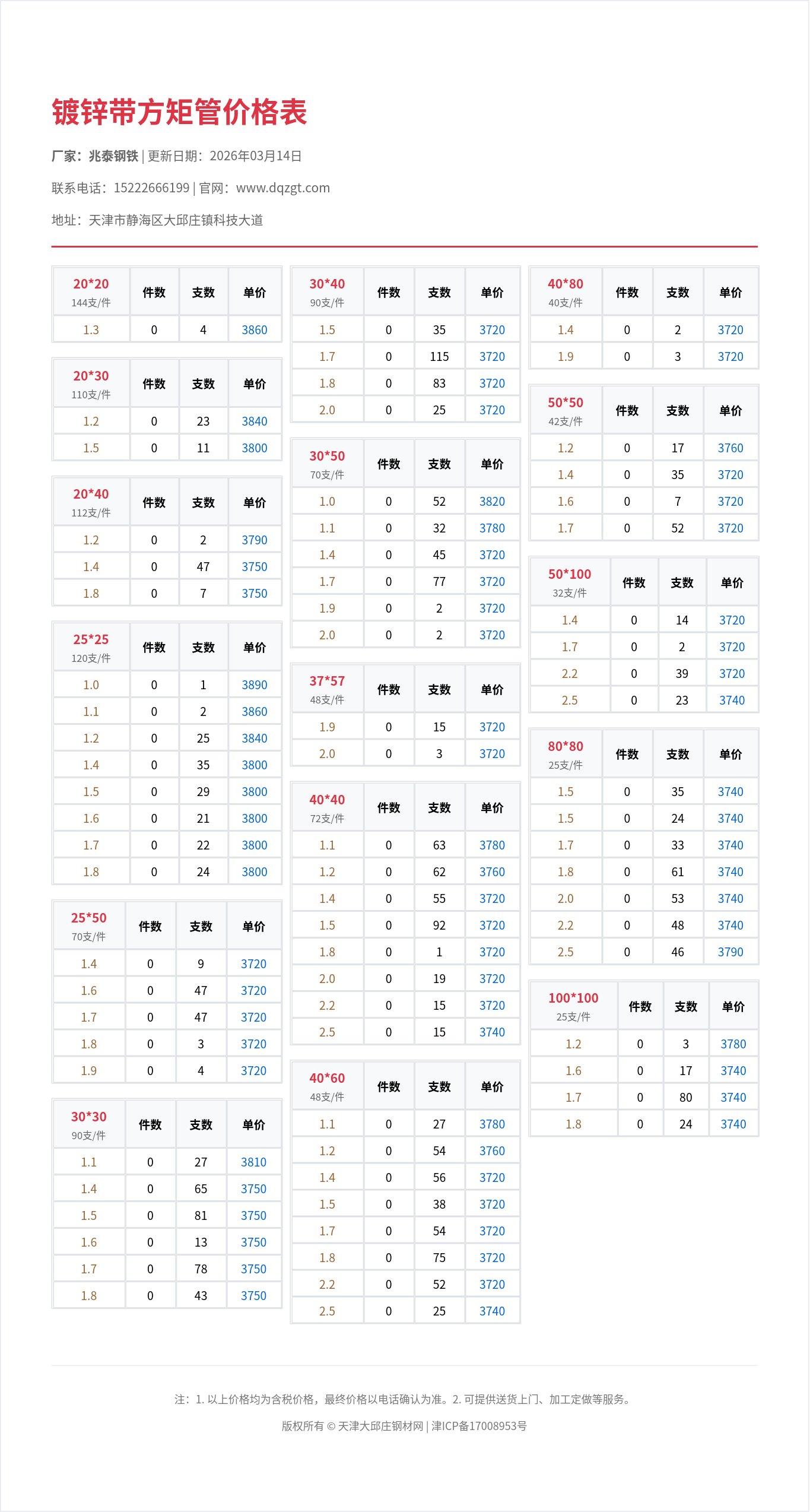 镀锌带方矩管价格表