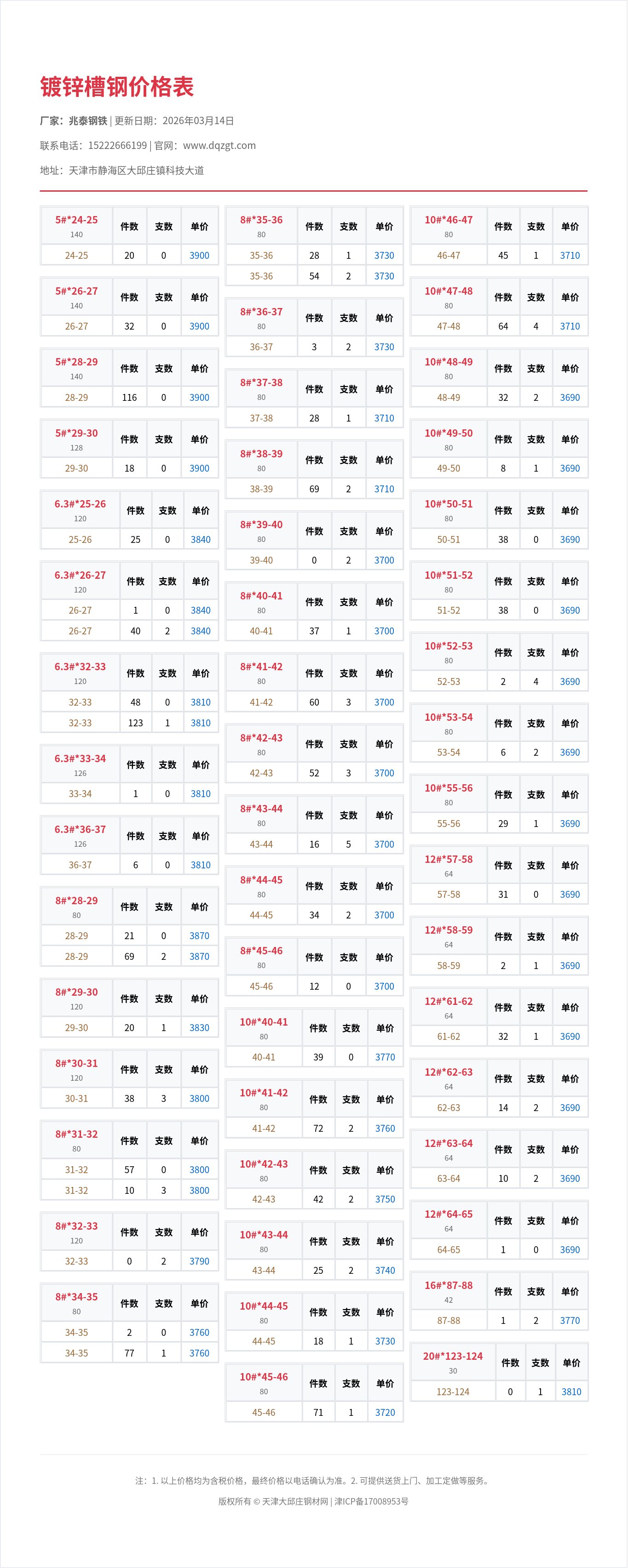 镀锌槽钢价格表
