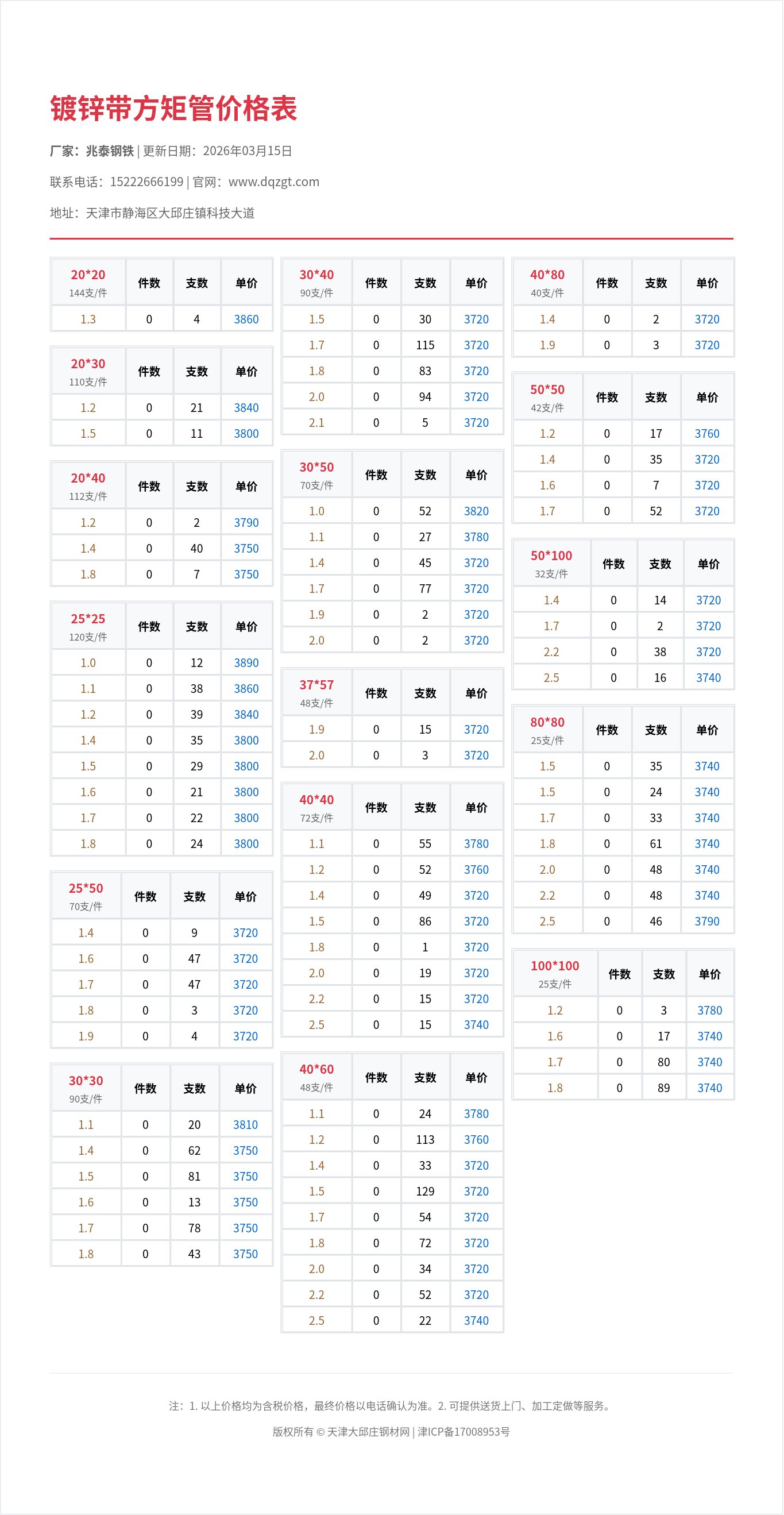 镀锌带方矩管价格表