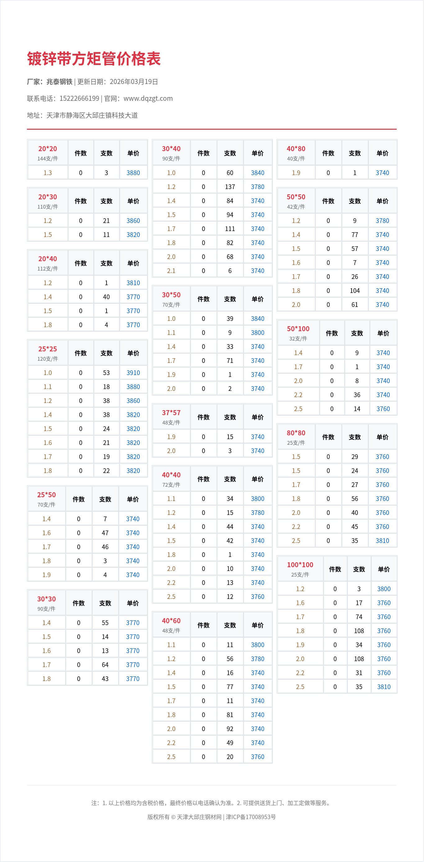 镀锌带方矩管价格表